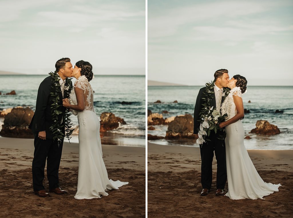 Bride and Groom kissing on the sand by the ocean