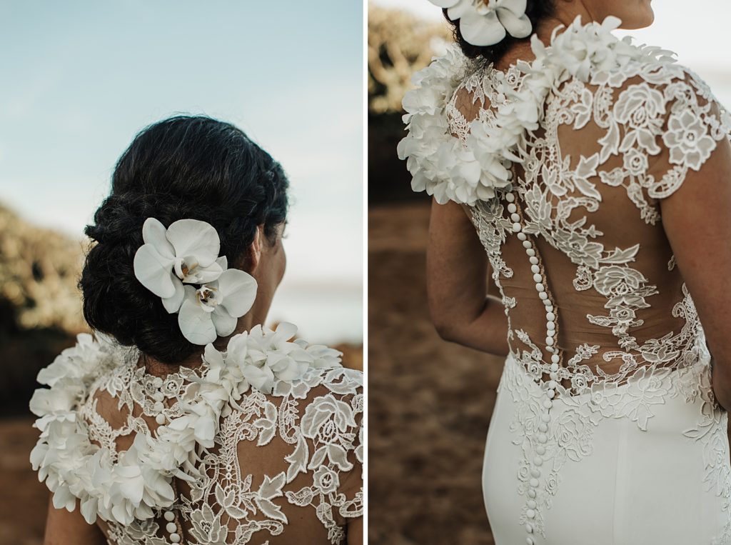 Detail shots of back of Bride's dress and white flower hair piece