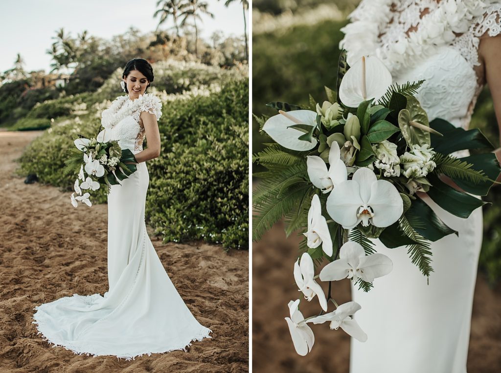 Portraits of Bride standing on the sand with white tropical bouquet
