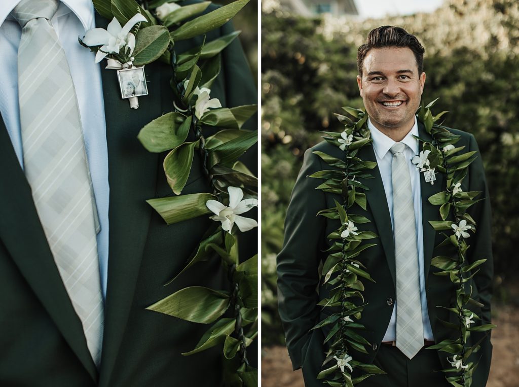 Portraits of Groom with small memory picture of boutonniere 