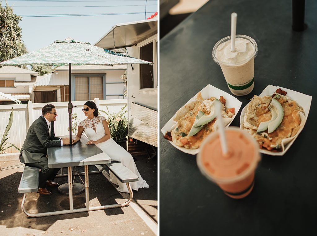 Bride and Groom sitting together on steel bench and detail shot of food truck tacos
