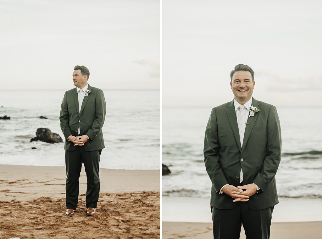 Groom awaiting Bride on the beach in suit