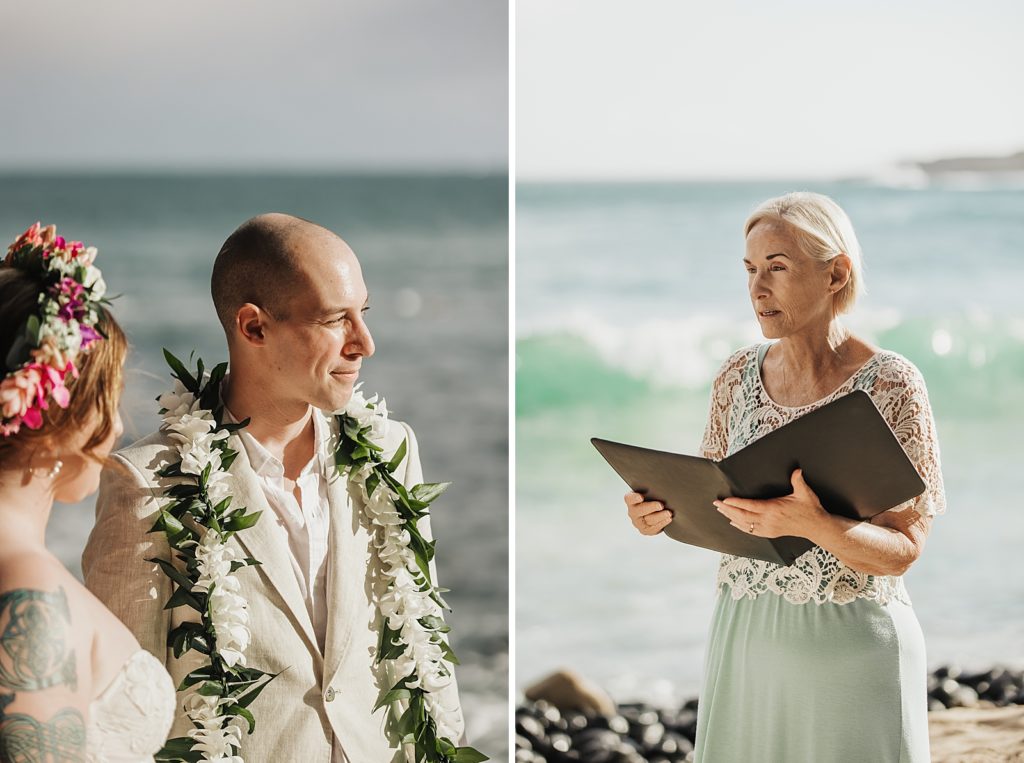 Bride and Groom listening to officiant on the beach