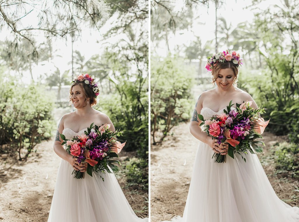 Bride in dress with colorful bouquet and crown on head