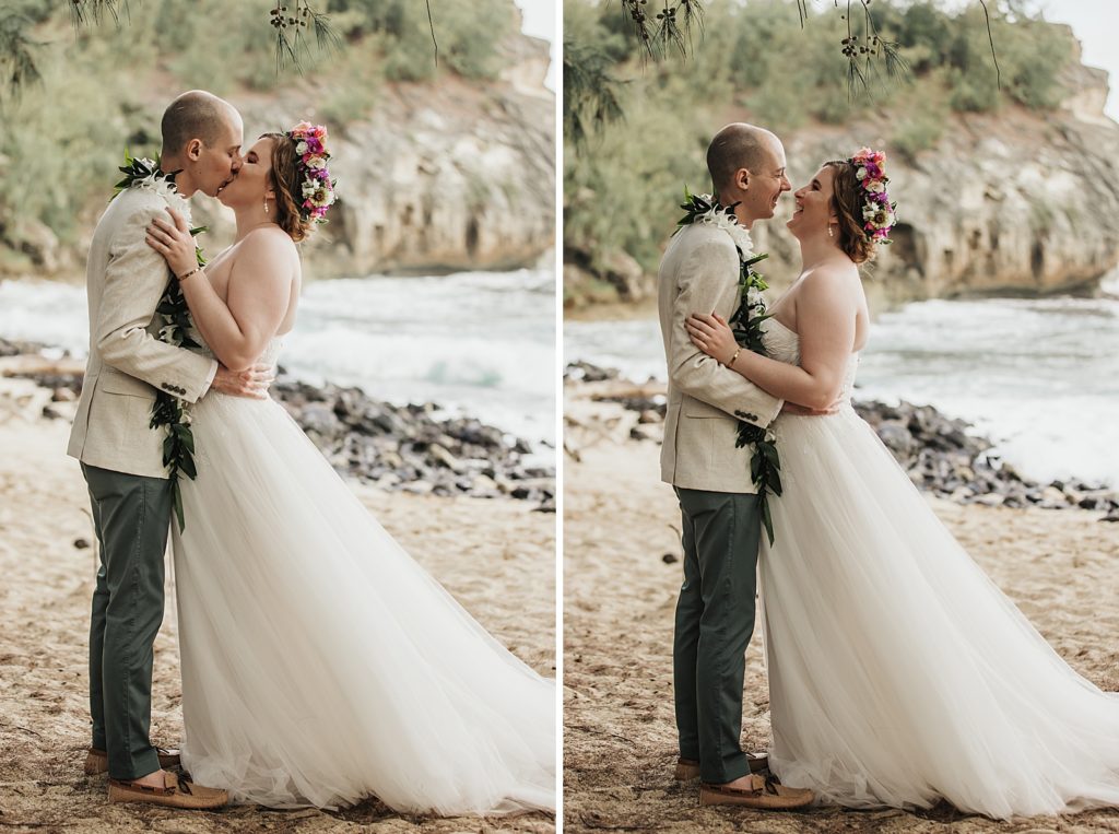 Just eloped Bride and Groom kissing on the beach by the ocean