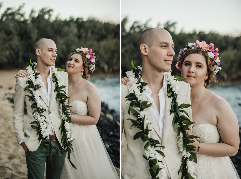 Bride holding Groom and looking at him by the beach water