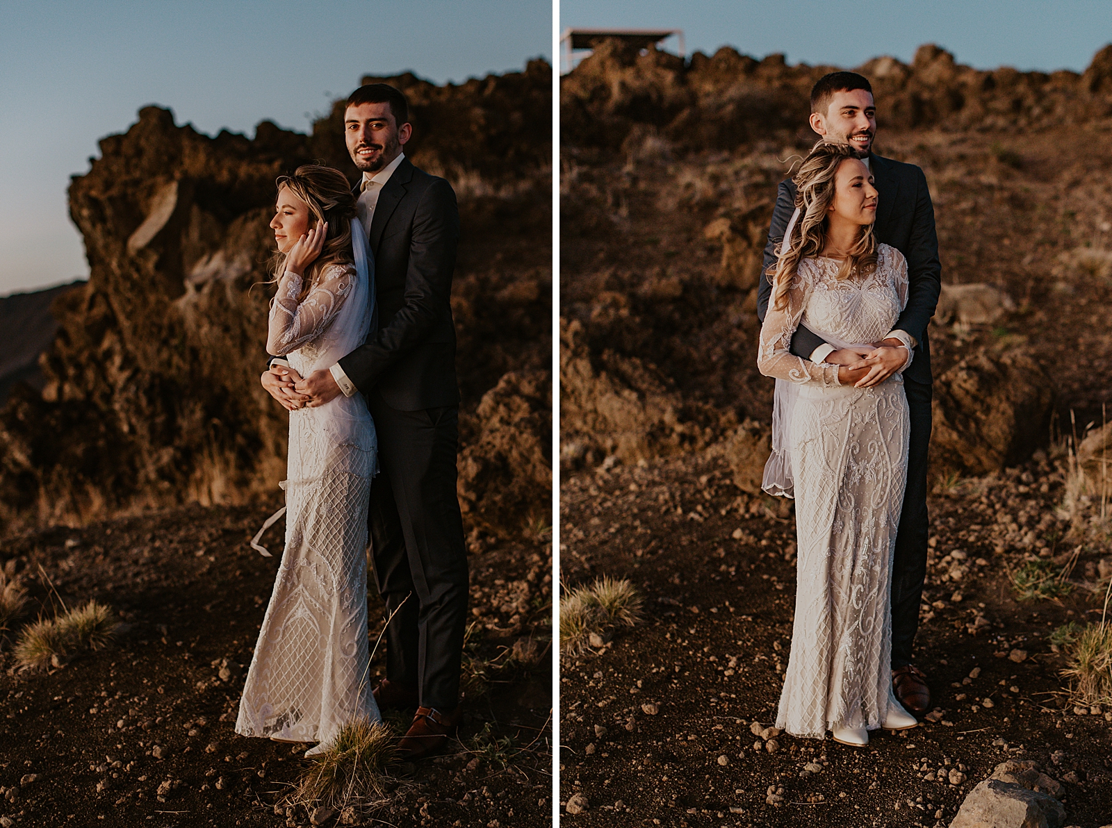 Portraits of Groom holding Bride from behind on cliffside