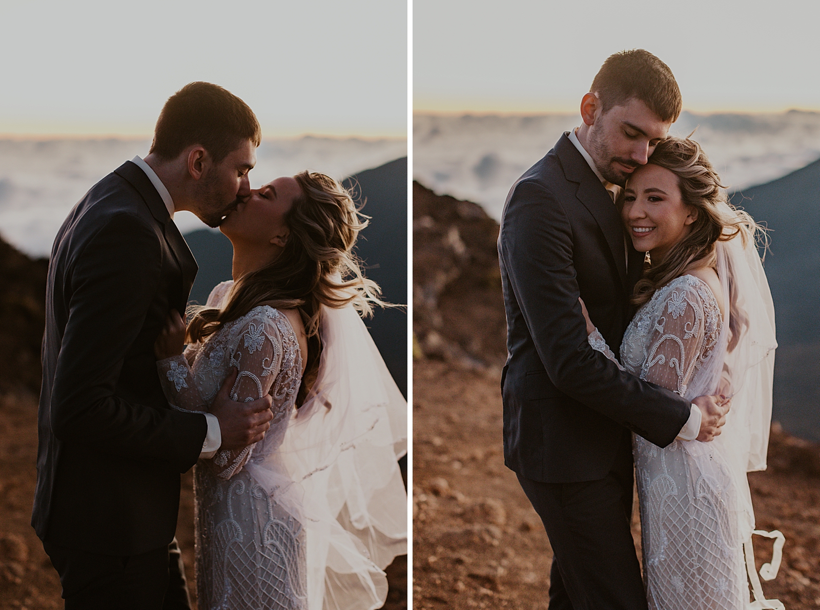 Closeup portrait of Bride and Groom kissing on the mountain