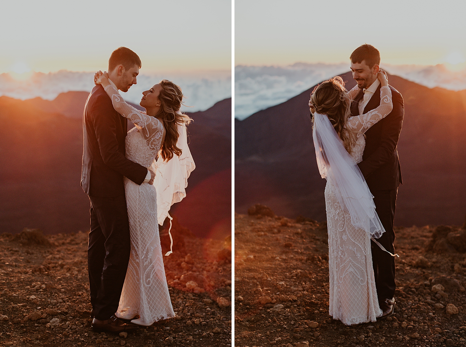 Bride and Groom holding each other on the mountain