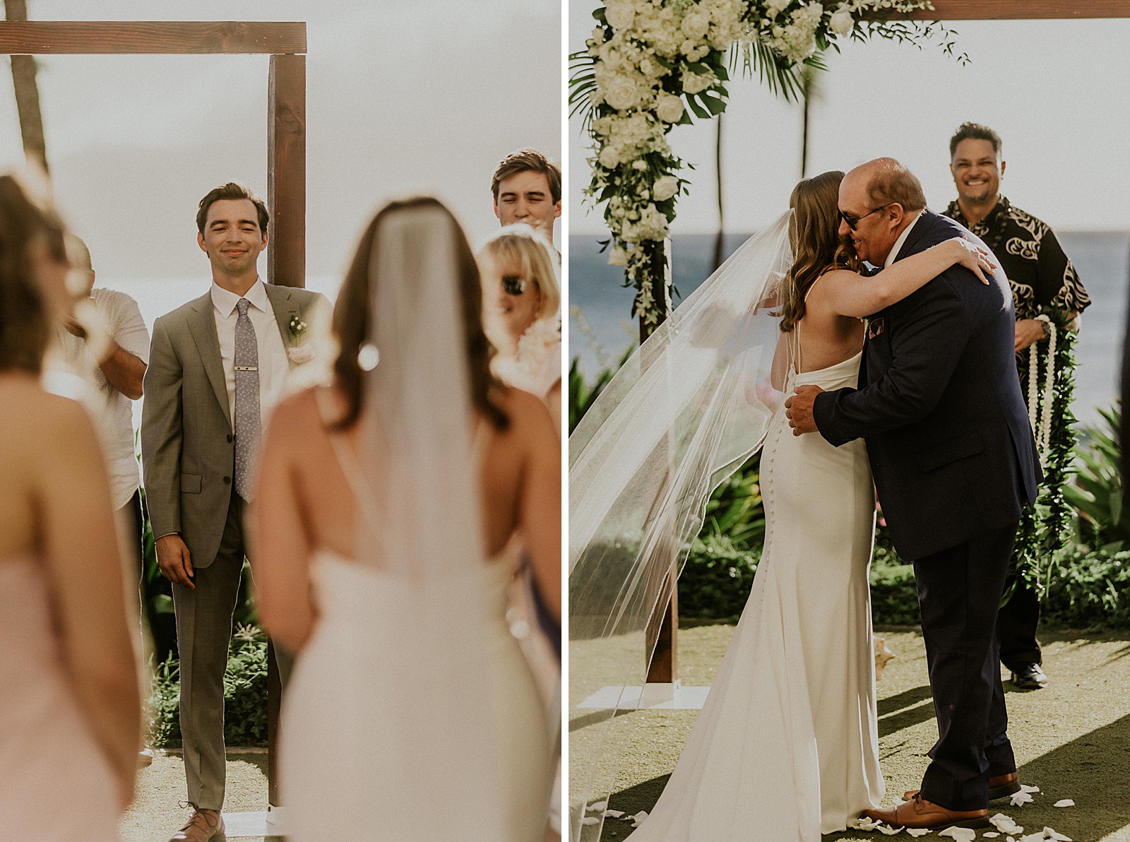 Reaction of Groom seeing Bride walking up the aisle and Bride hugging Father at the alter for outdoor Ceremony
