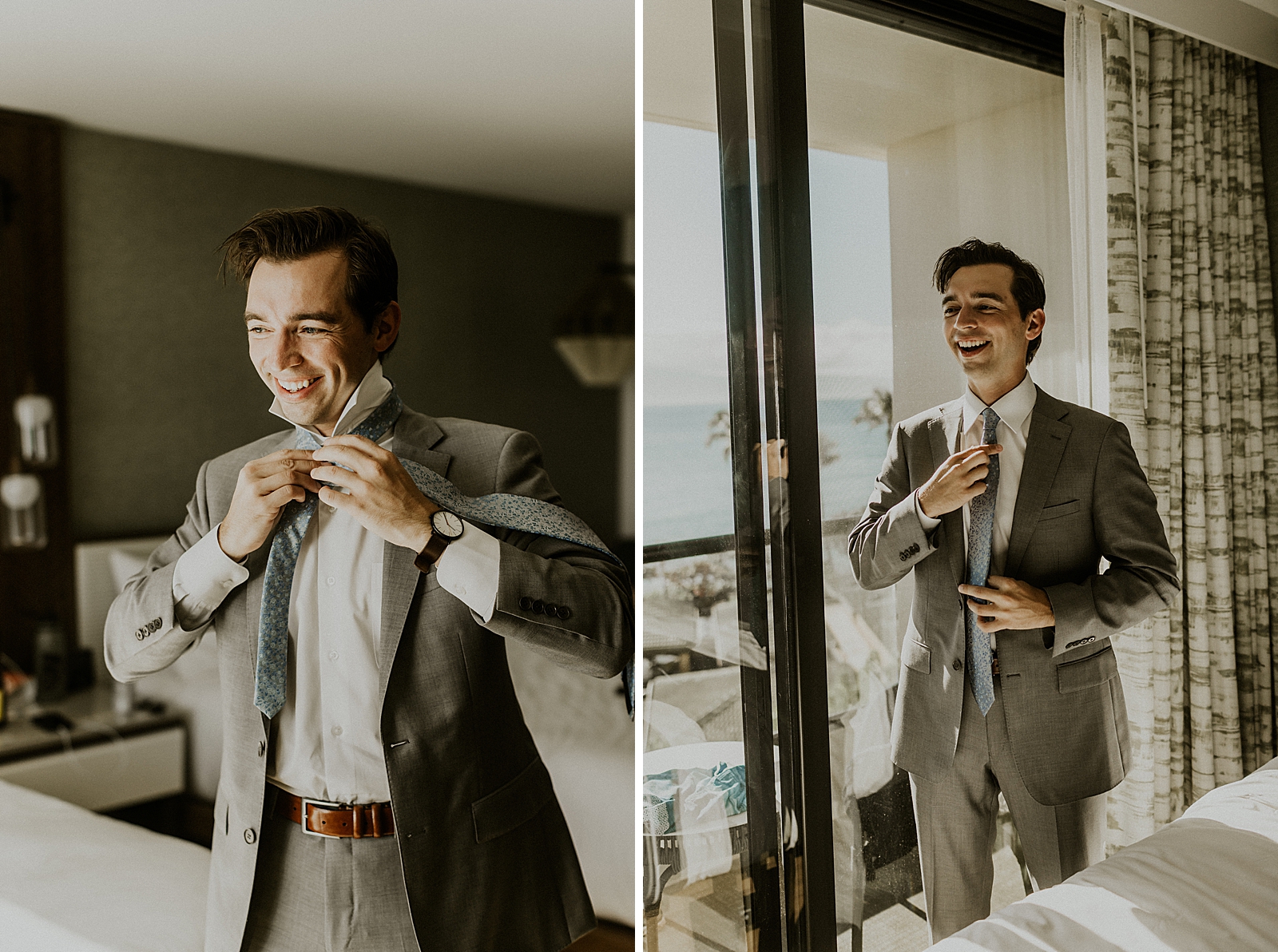 Groom getting ready in hotel room putting tie on