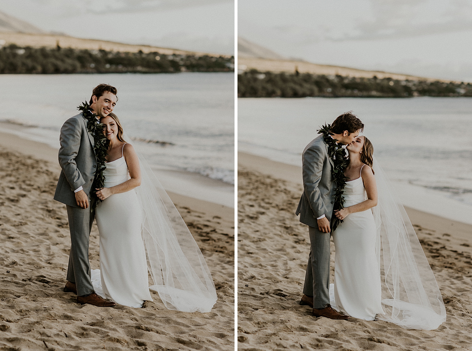 Bride and Groom side by side on the beach by the ocean