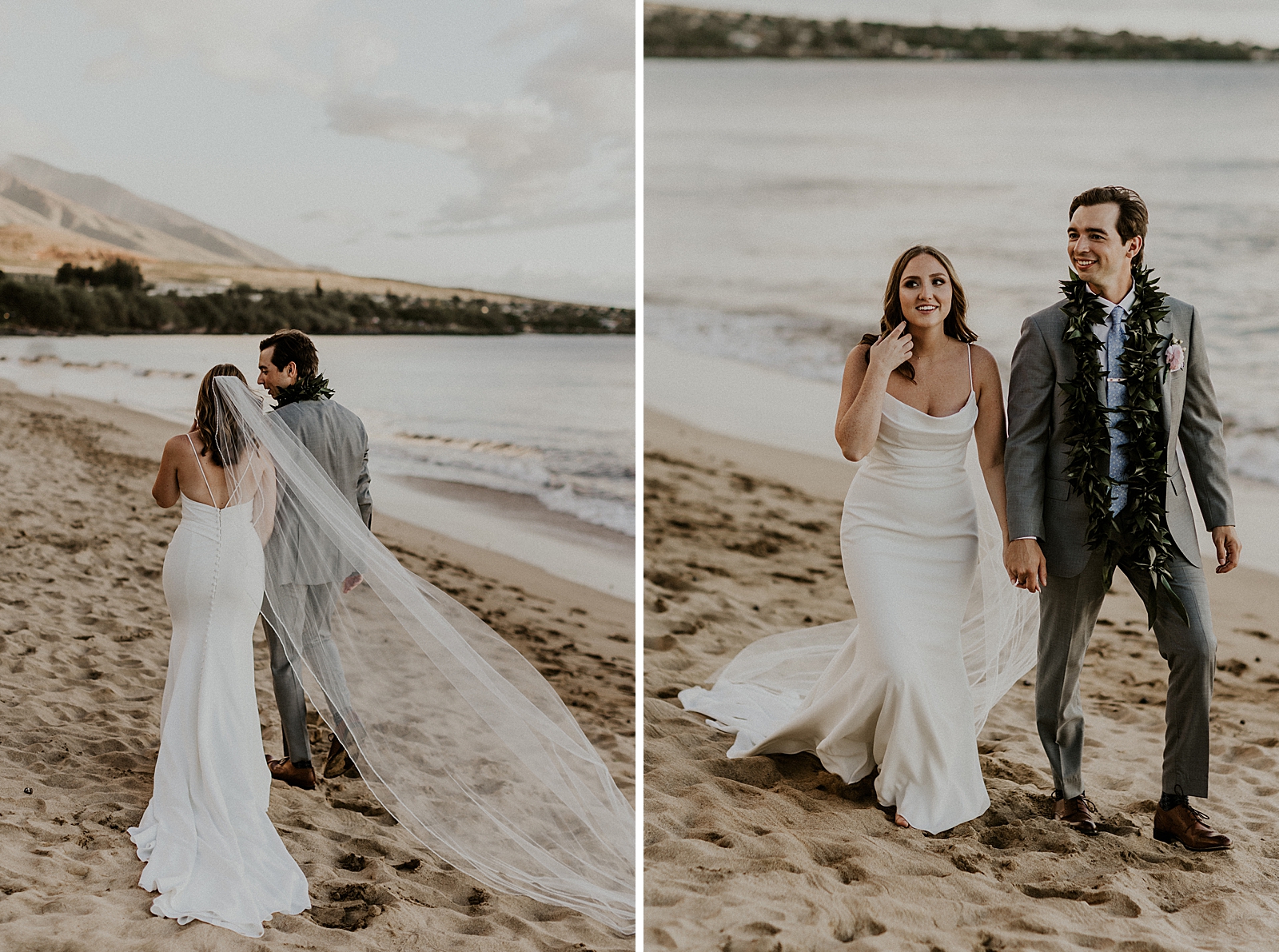 Bride and Groom holding hands and walking by the ocean shoreline