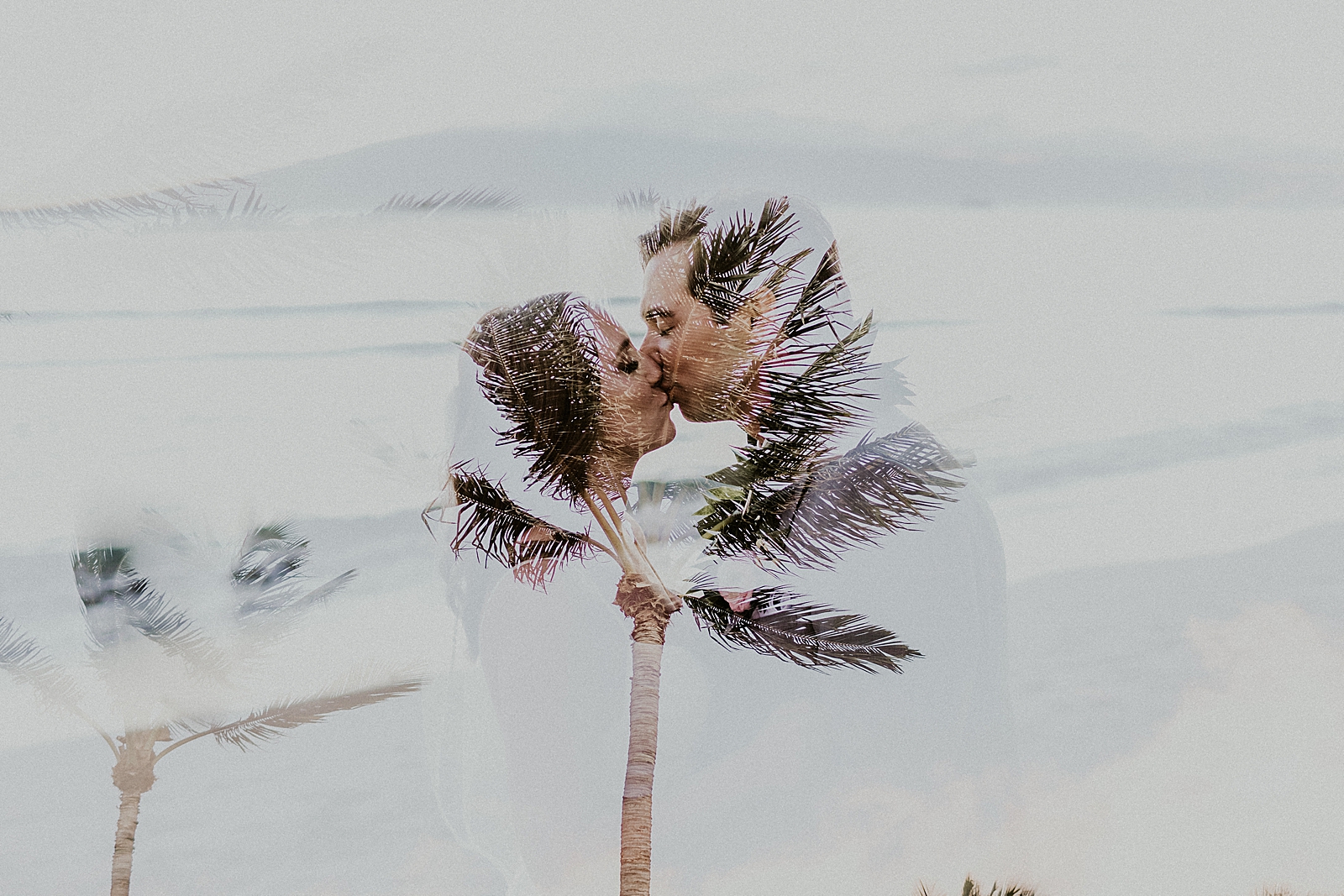 Bride and Groom kissing overlayed with palm tree shot