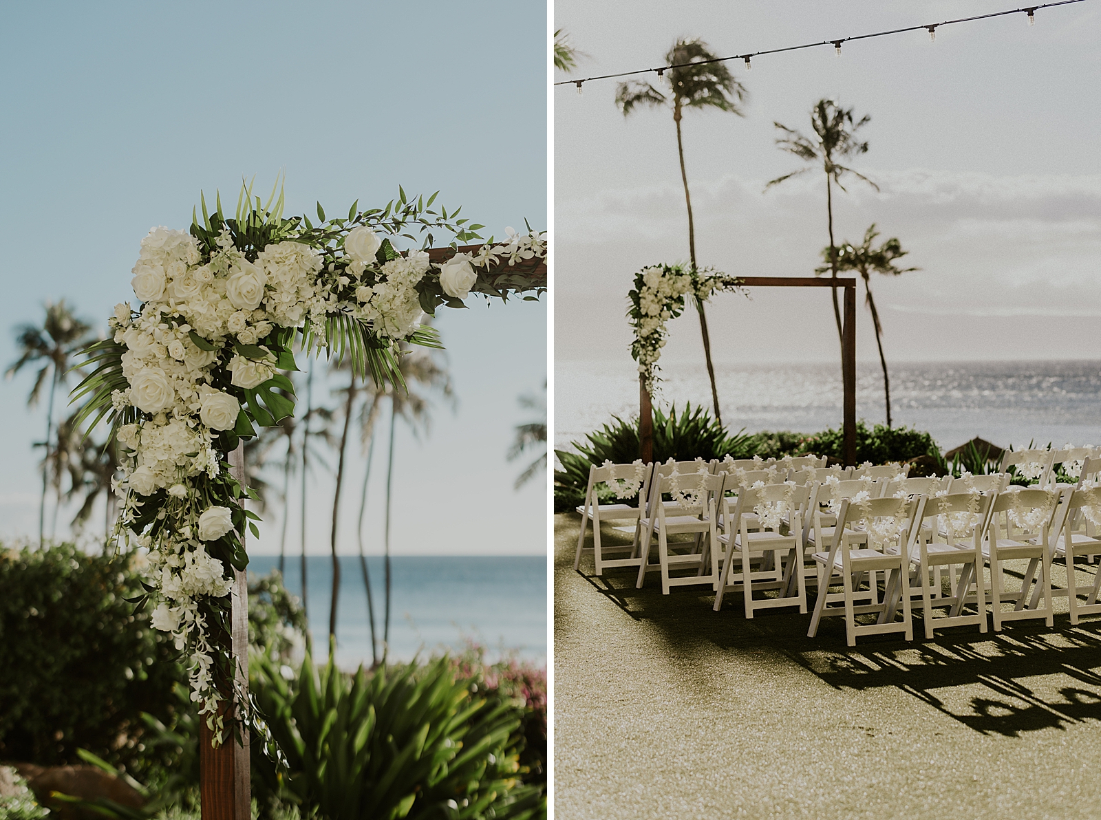 Detail shots of rectangular arch with floral decor and white folding chairs