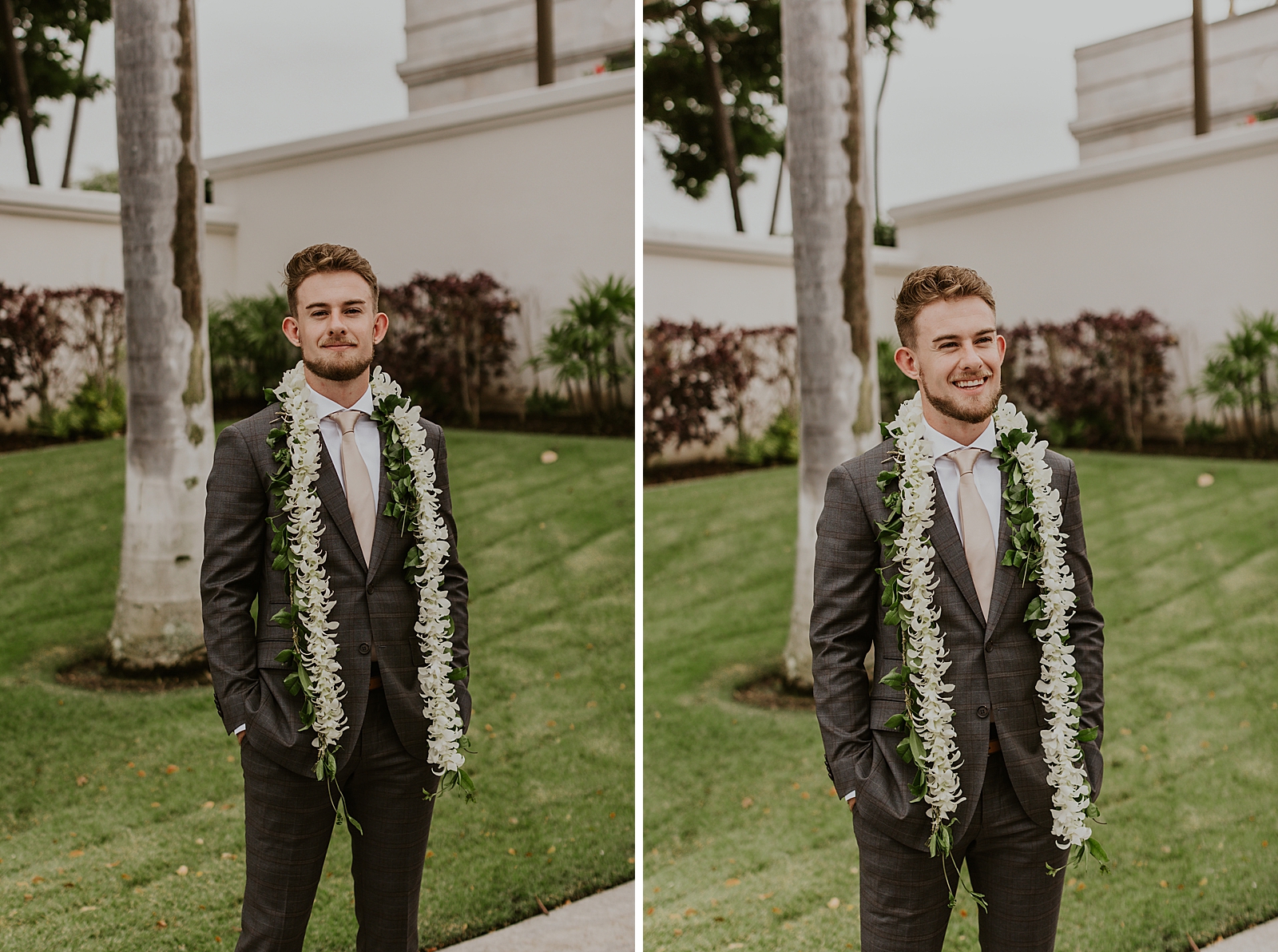 Portrait of Groom with floral greenery on shoulders