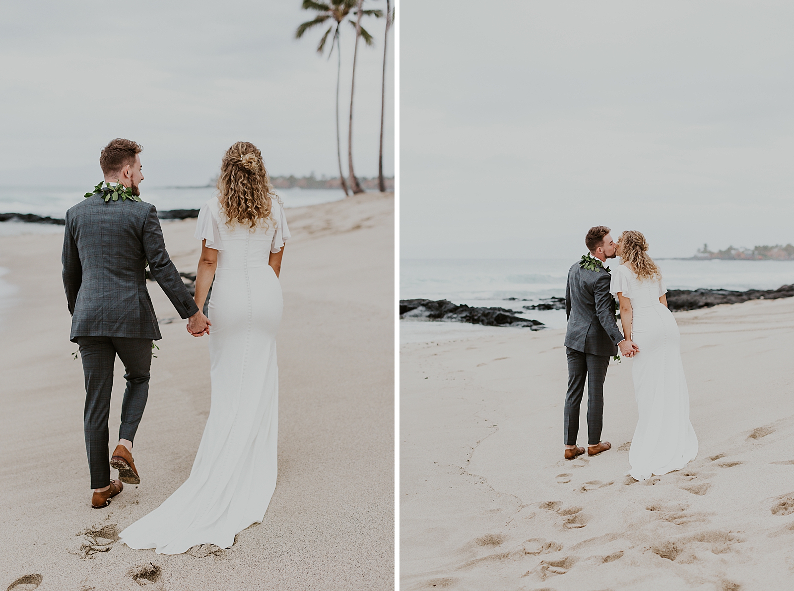Bride and Groom holding hands and walking on the beach together