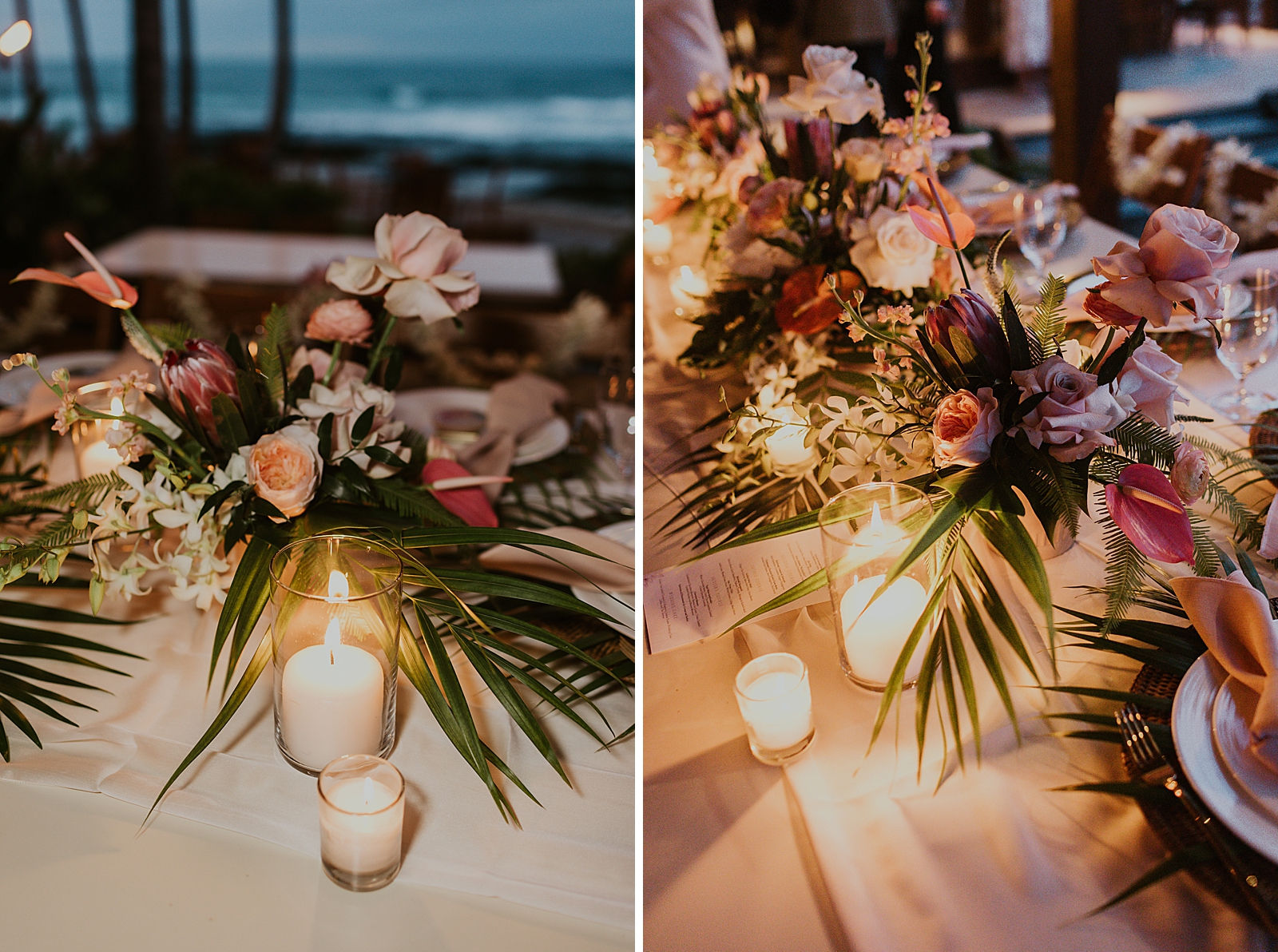 Detail shot of floral decor on the table with candles for nighttime Reception