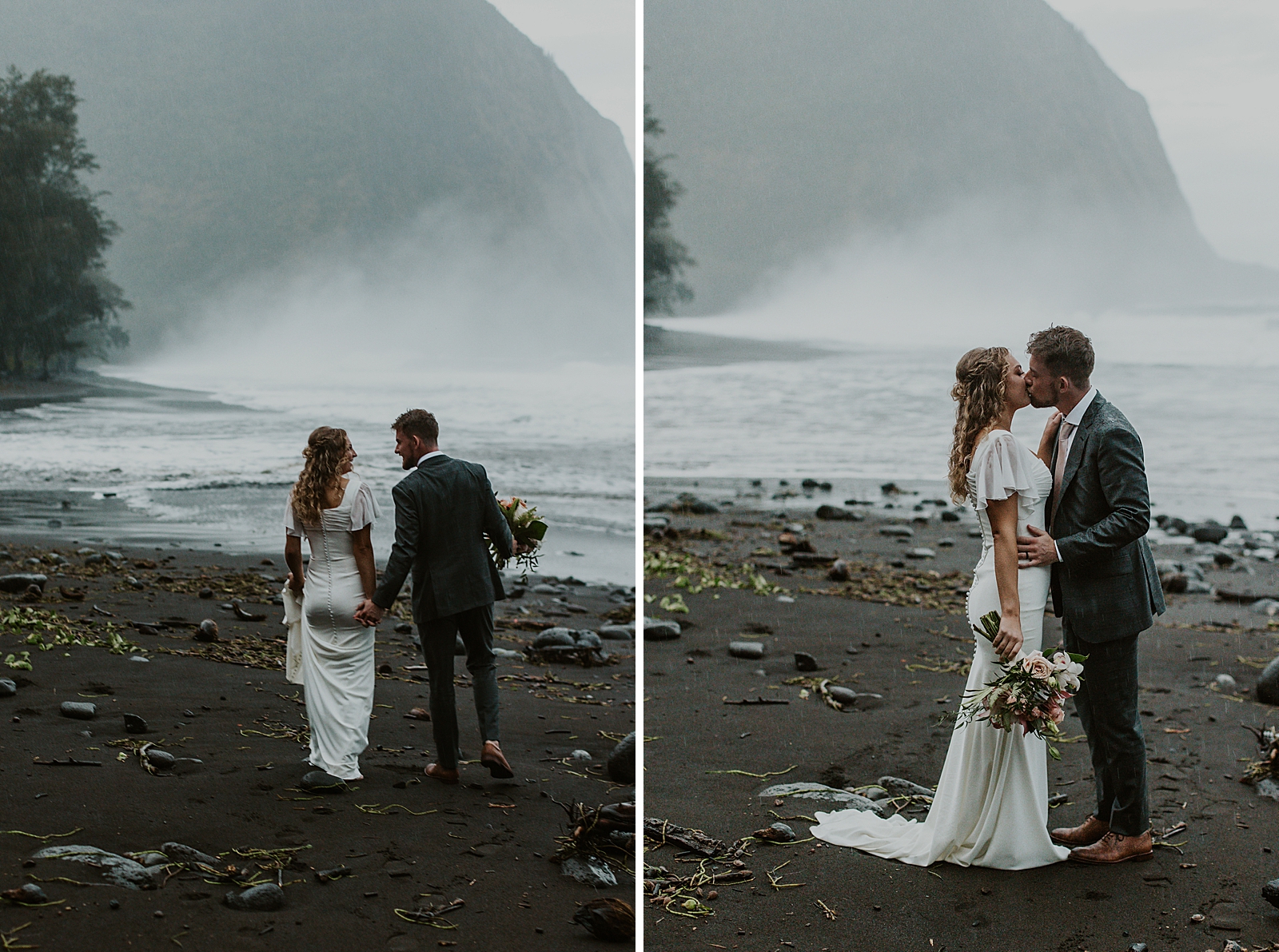 Bride and Groom holding hands and walking by the water with mist around them