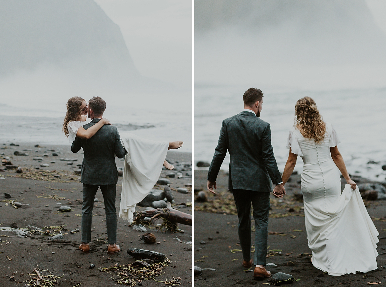 Groom holding Bride and kissing her outside by the water