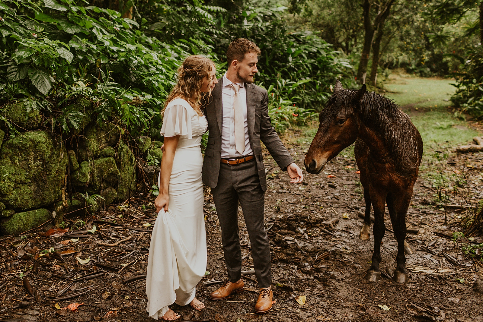 Bride and Groom looking at horse in green forest