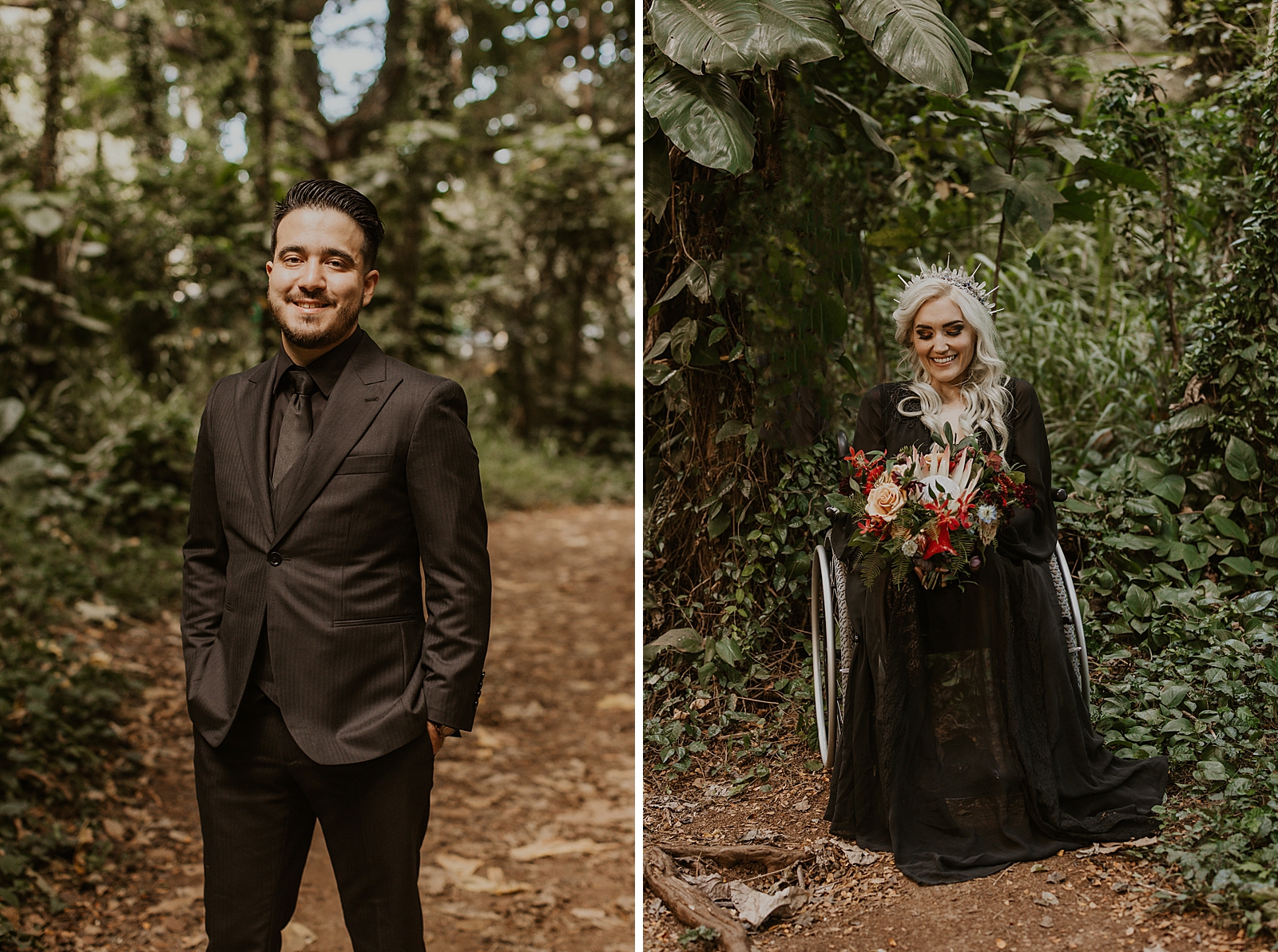 Individual portraits of wheel-chaired Bride and Groom out in green tropical forrest