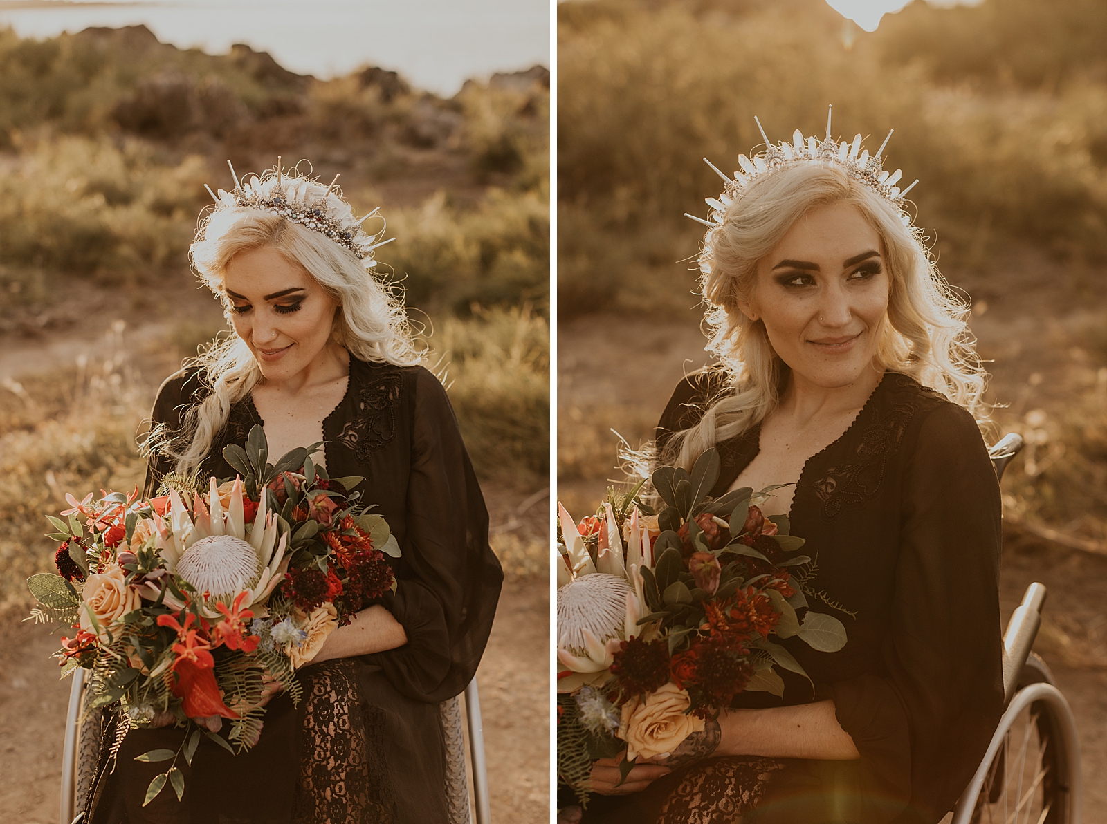 Portraits of Bride in the wheel chair with crown and holding bouquet