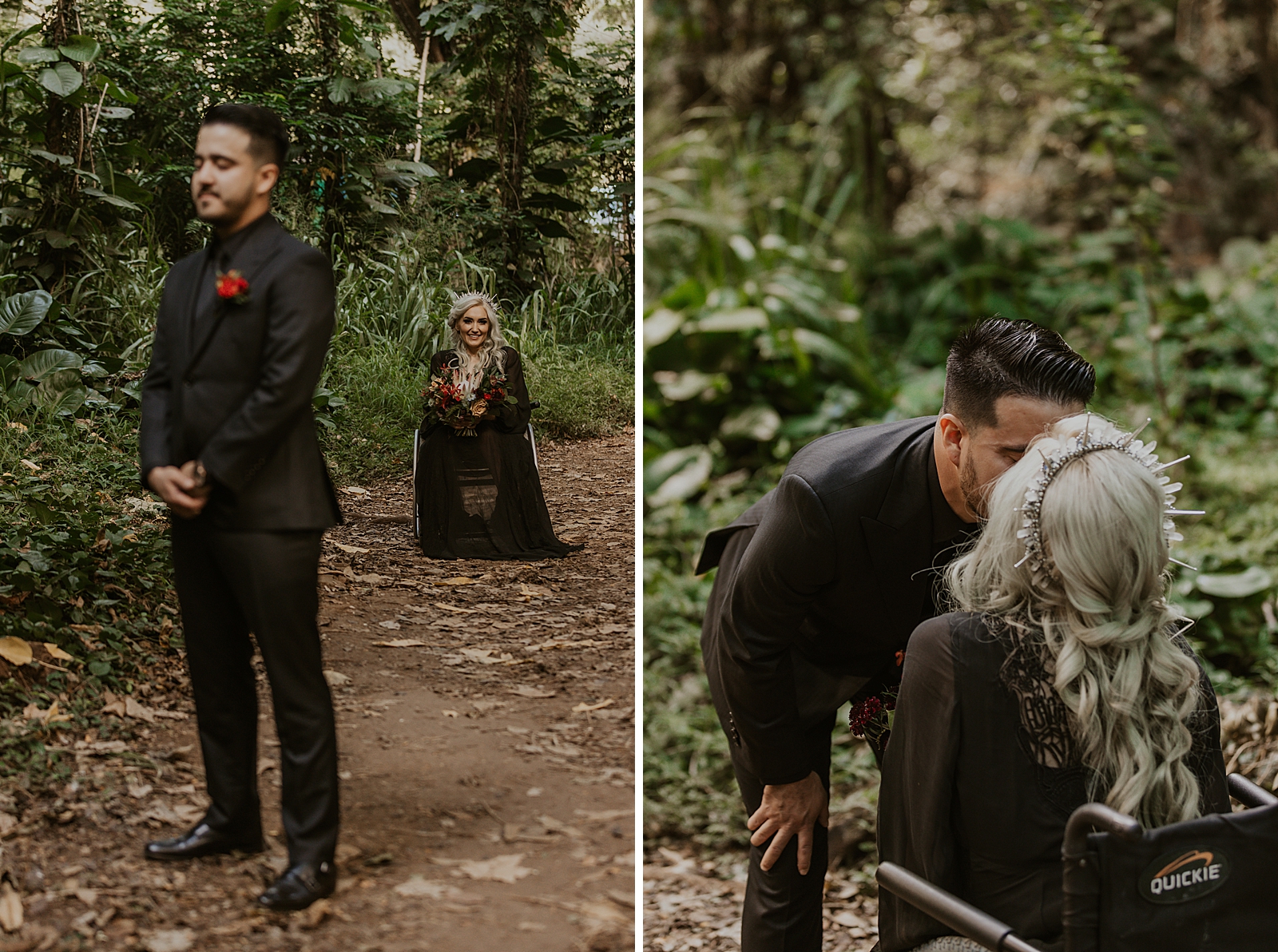 First Look of Bride in wheel chair approaching Groom with back turned on dirt trail surrounded by greenery