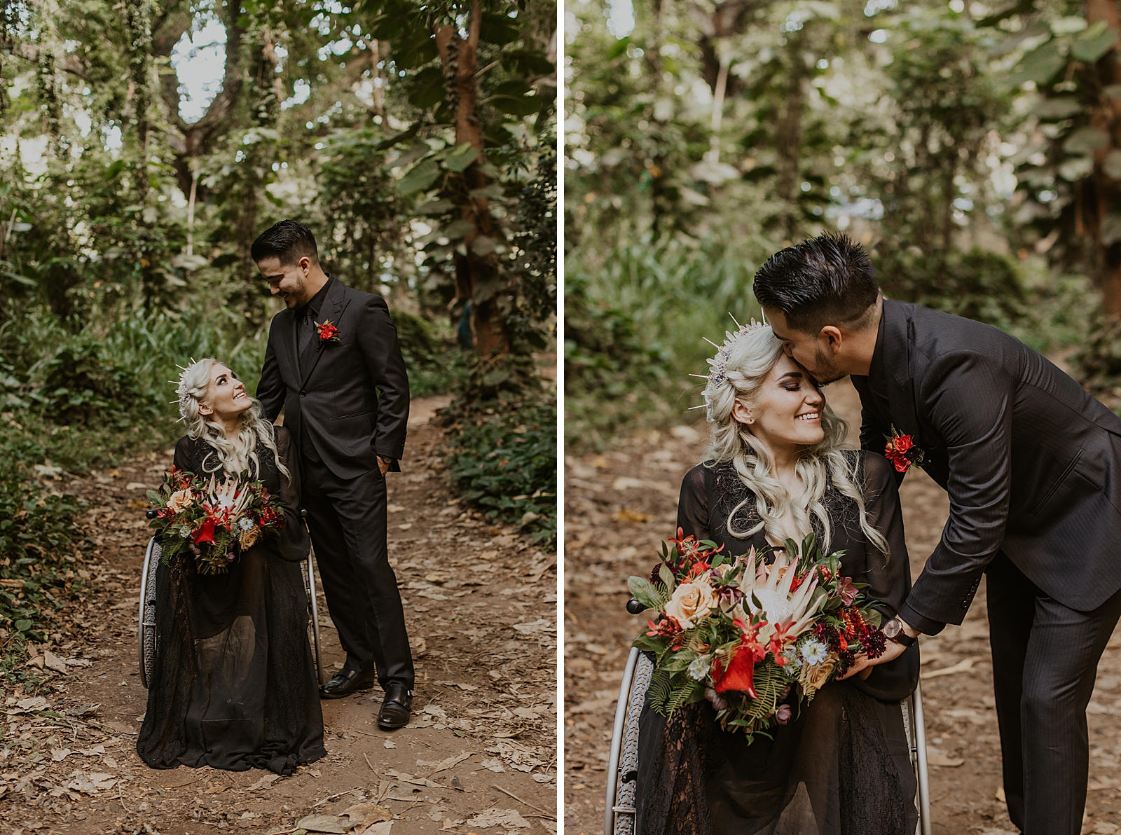 Portrait of inter-able Bride and Groom looking at each other in the tropical green forest 