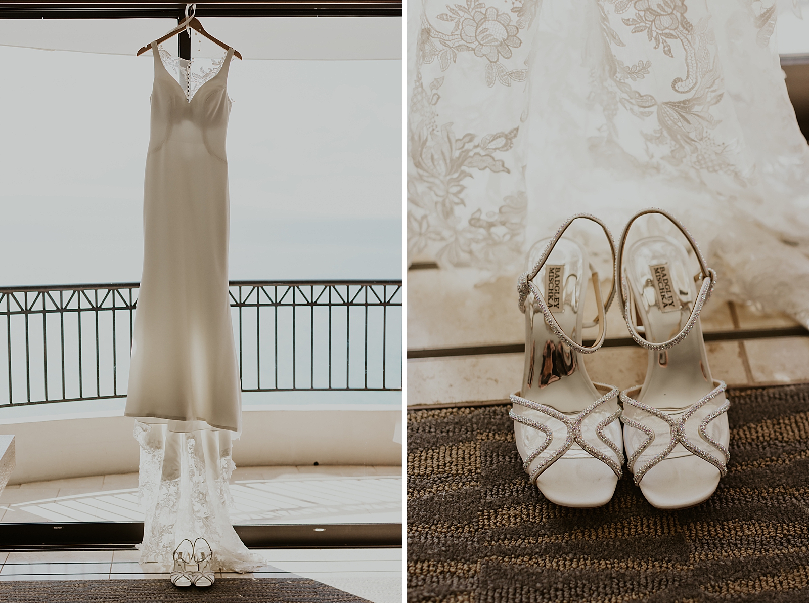 Detail shot of wedding dress hanging on sliding glass window and heels
