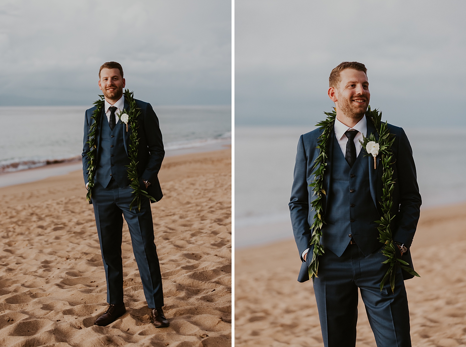 Groom with greenery around shoulders on the beach