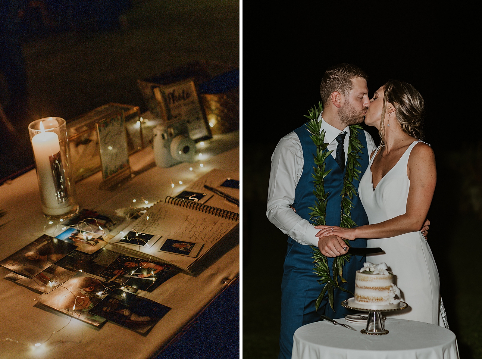 Detail shot of pictures and wedding book and Bride and Groom kissing for Cake Cutting