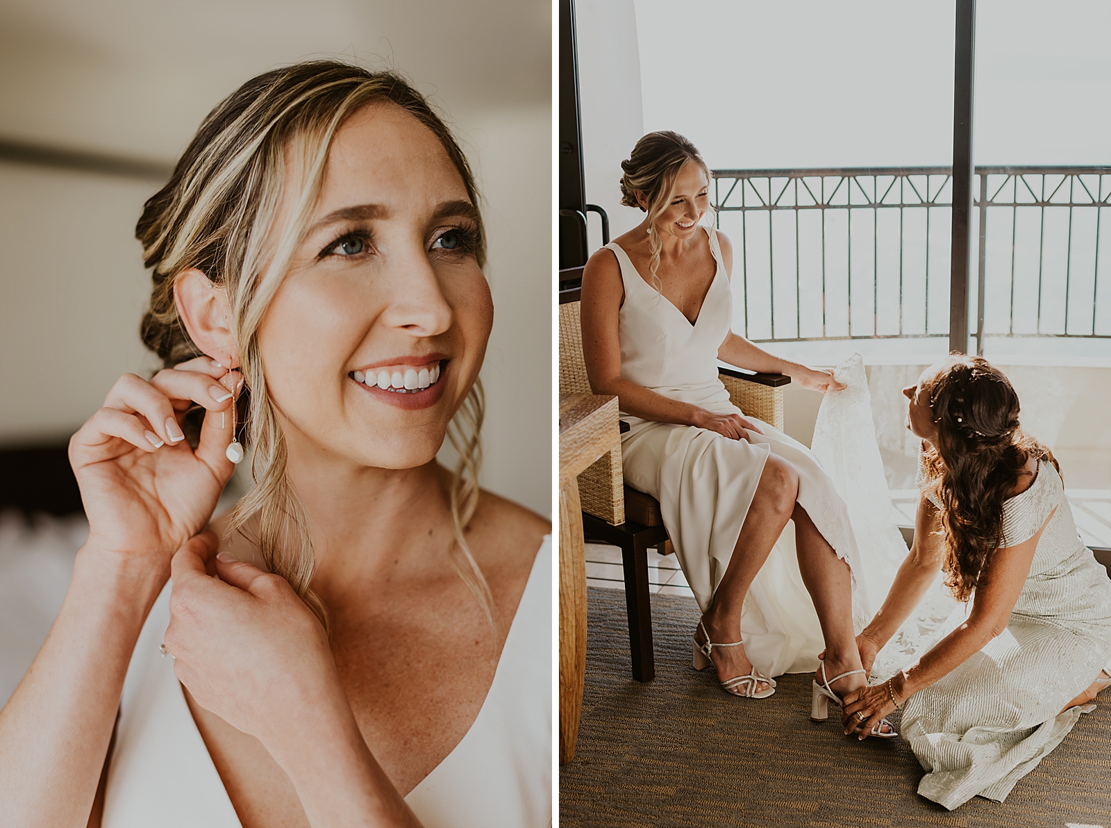Bride putting earrings on and getting help putting on heels