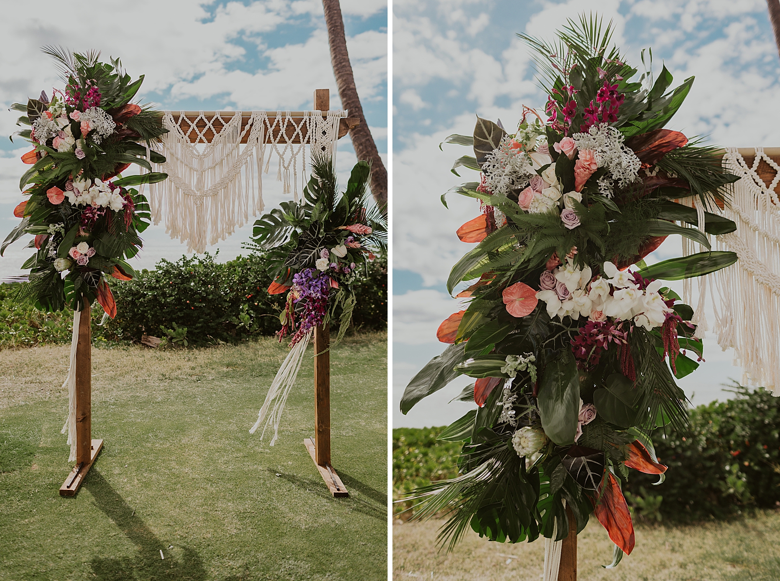 Detail shot of floral rectangular wedding arch and flowers on it for outdoor wedding