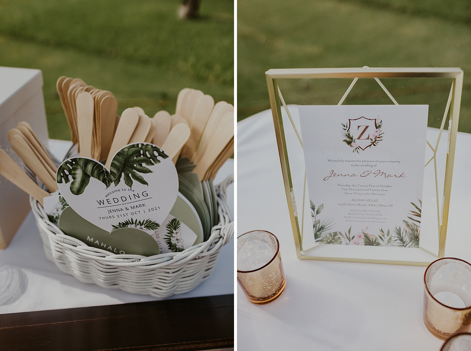Detail shot of fans and welcome note for outdoor wedding