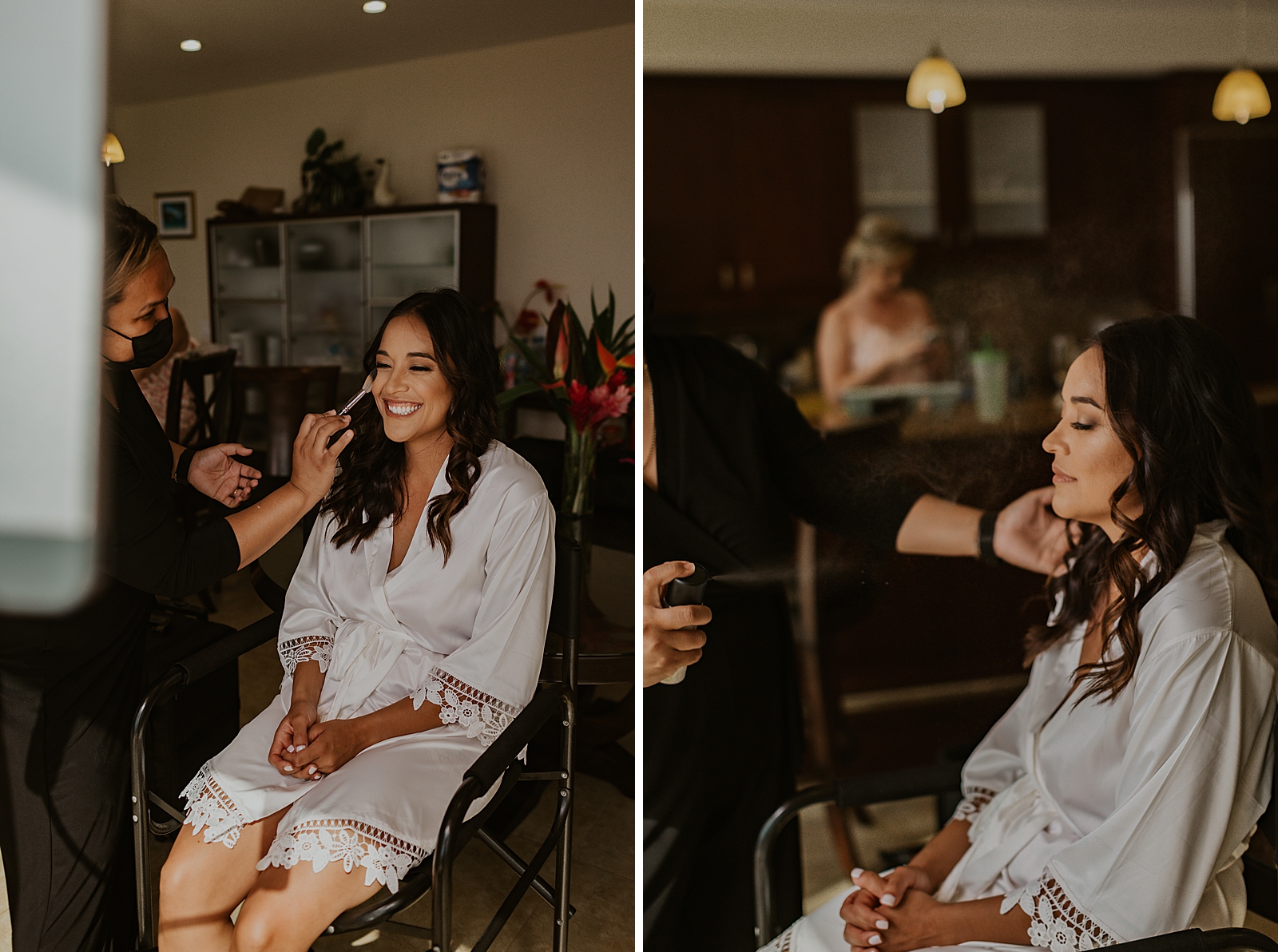 Bride getting ready having makeup done by makeup artist