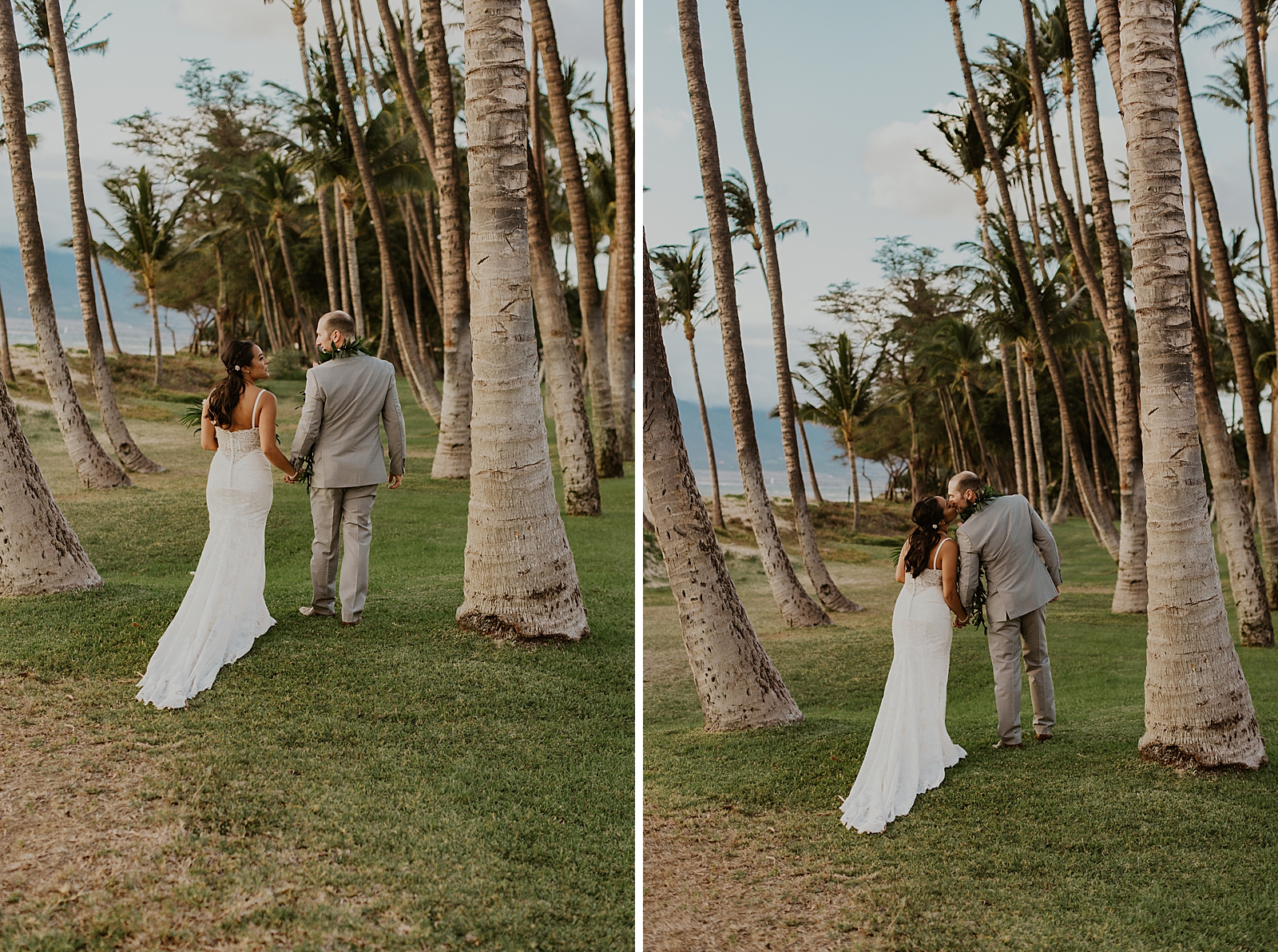 Bride and Groom holding hands and walking by tall palm trees