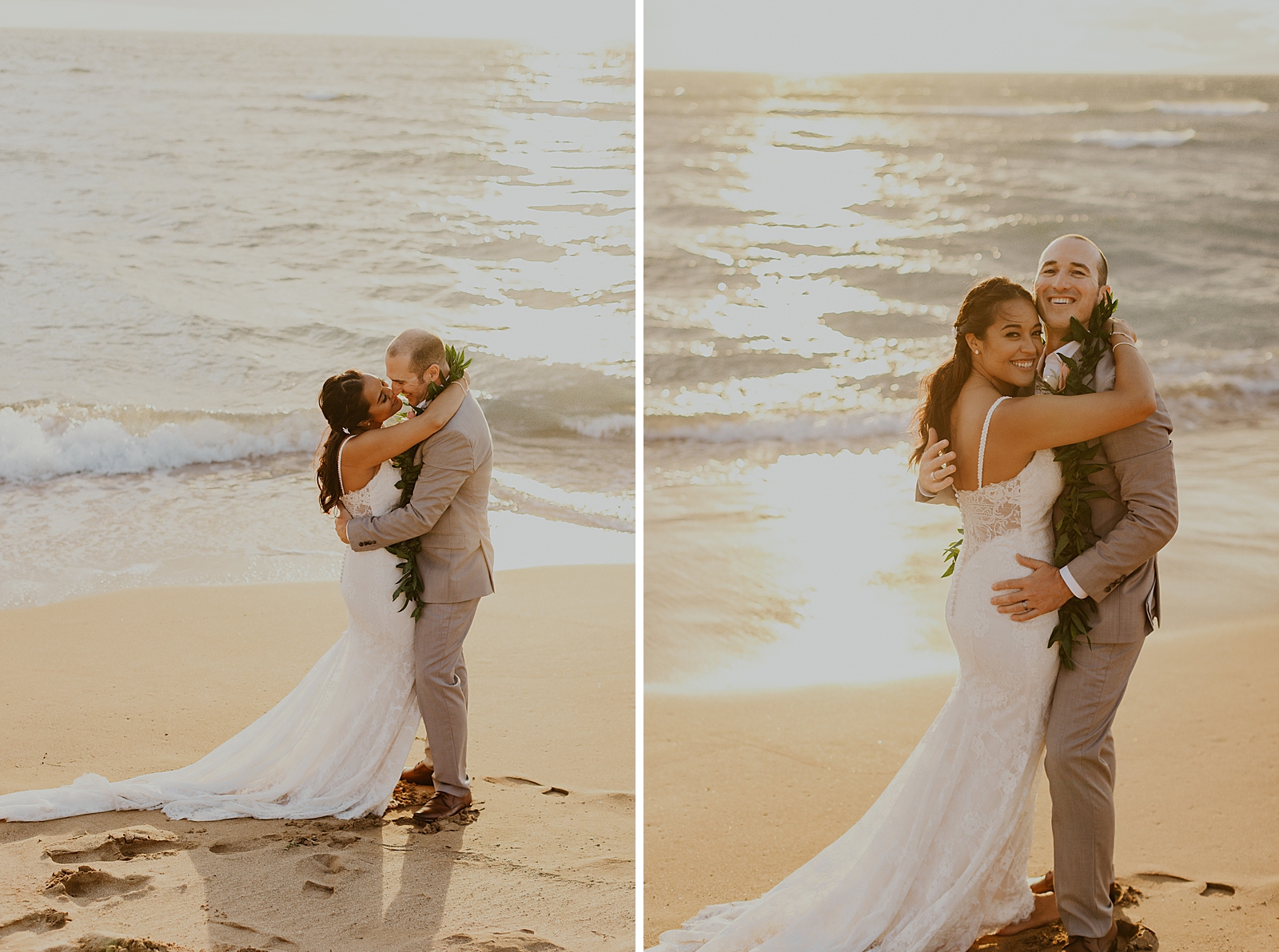 Bride and Groom holding each other close in front of the ocean waves coming in on the beach