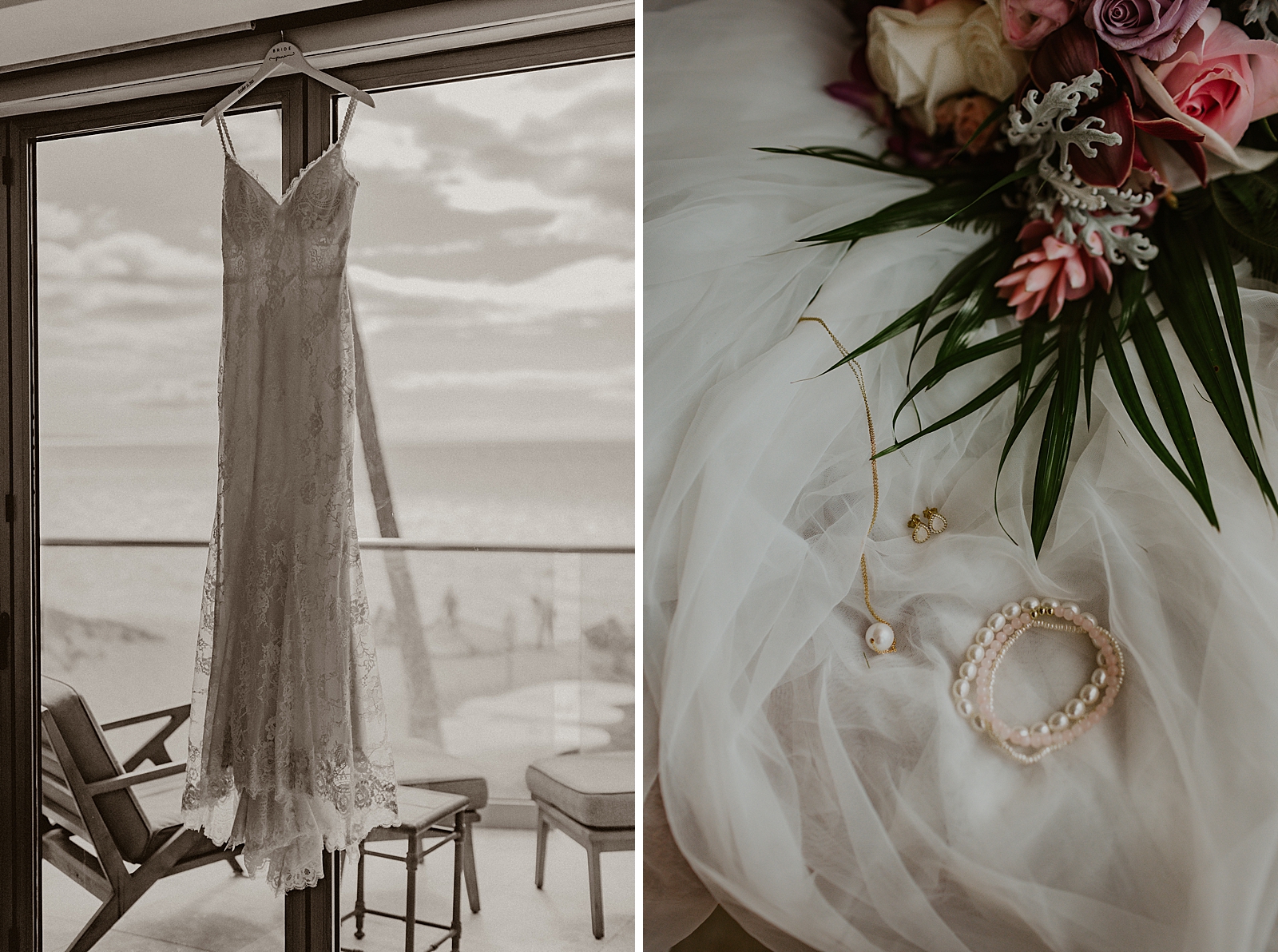 Wedding dress hanging by window and Jewelry detail shots