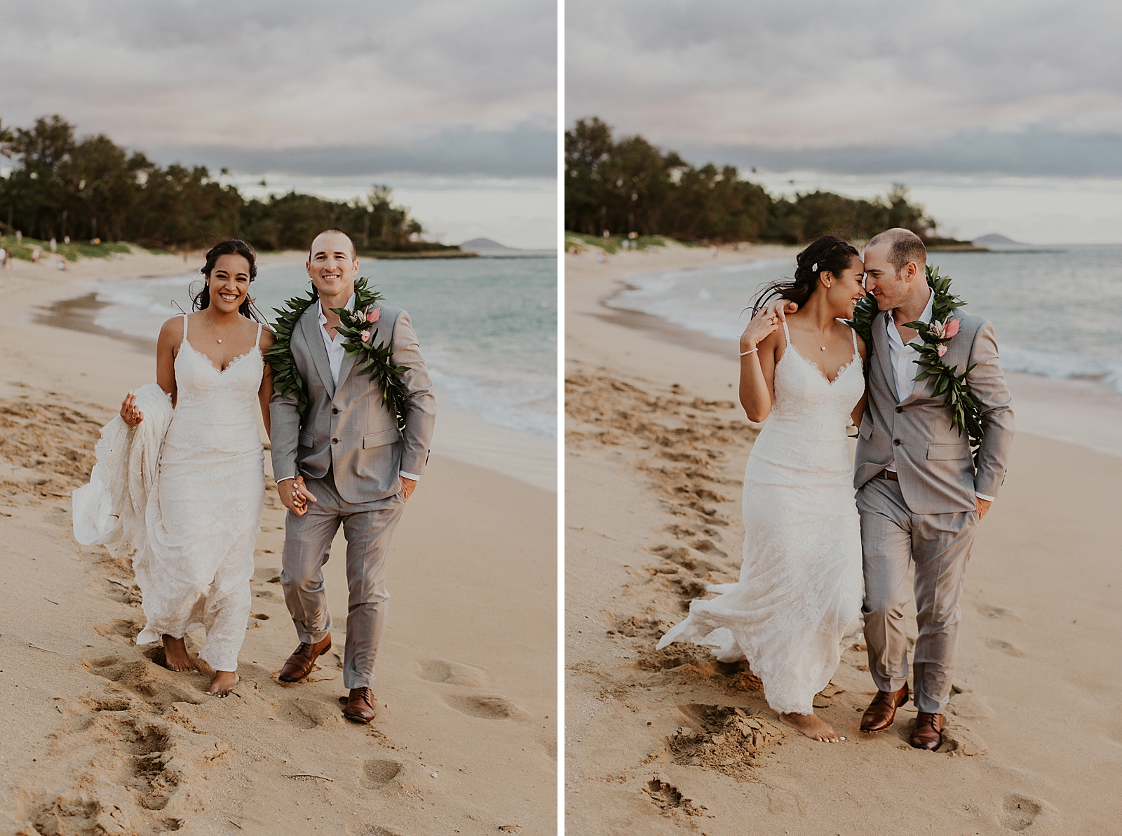 Bride and Groom holding hands and walking on the sand together on the beach