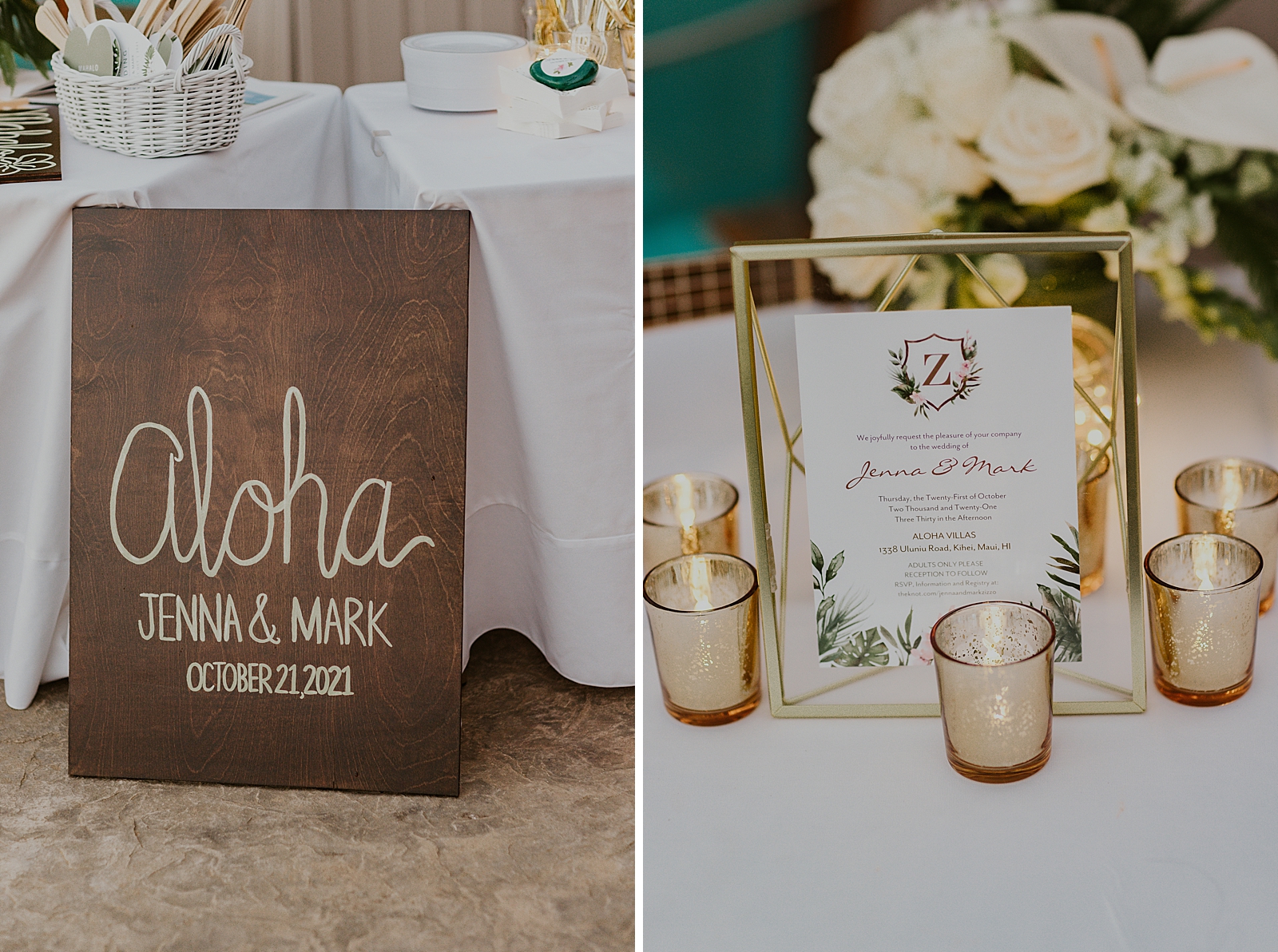 Detail shots of Aloha sign for Bride and Groom and invitation in a frame