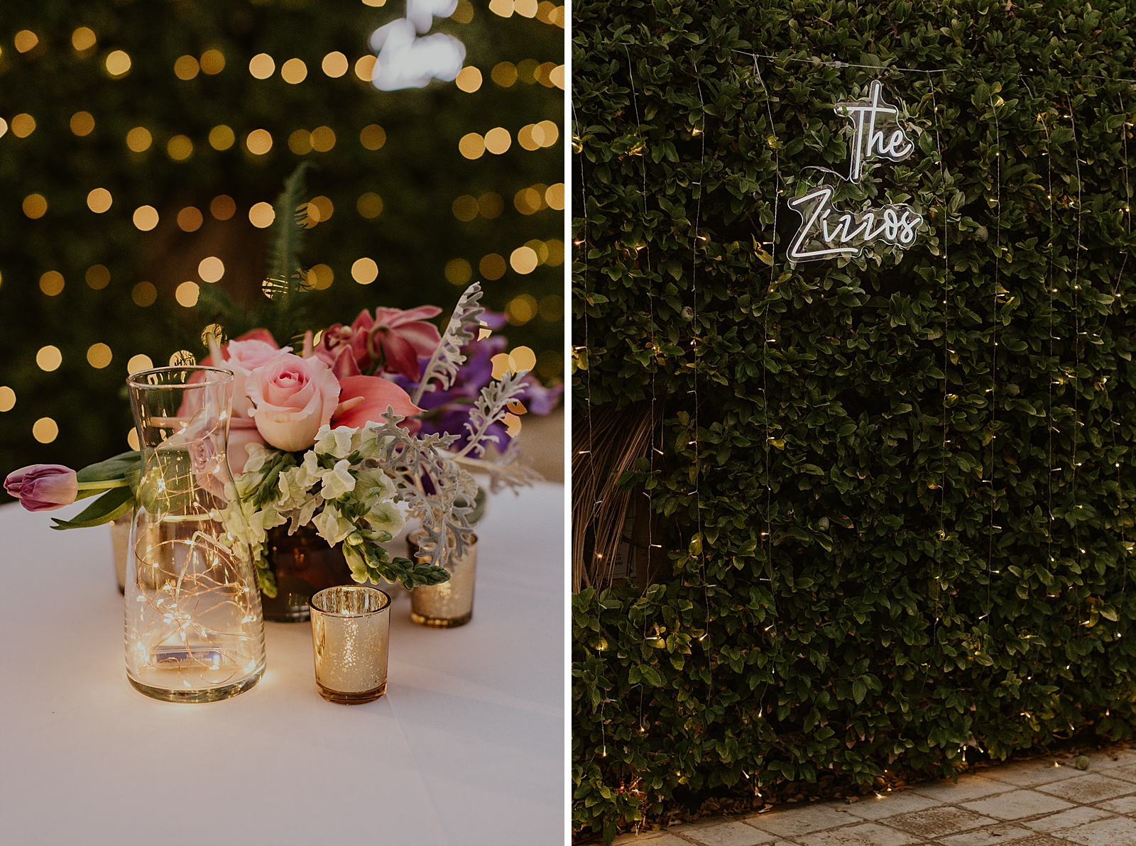 Detail shot of floral centerpiece and last name sign in front of greenery