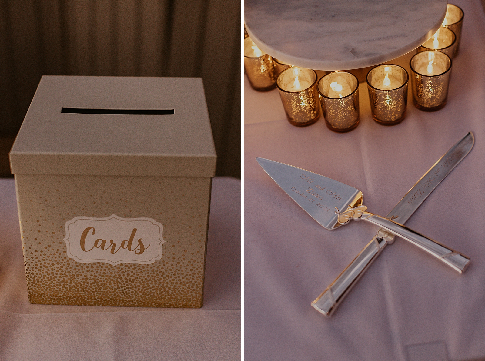 Detail shot of card box and cuttlery for cake