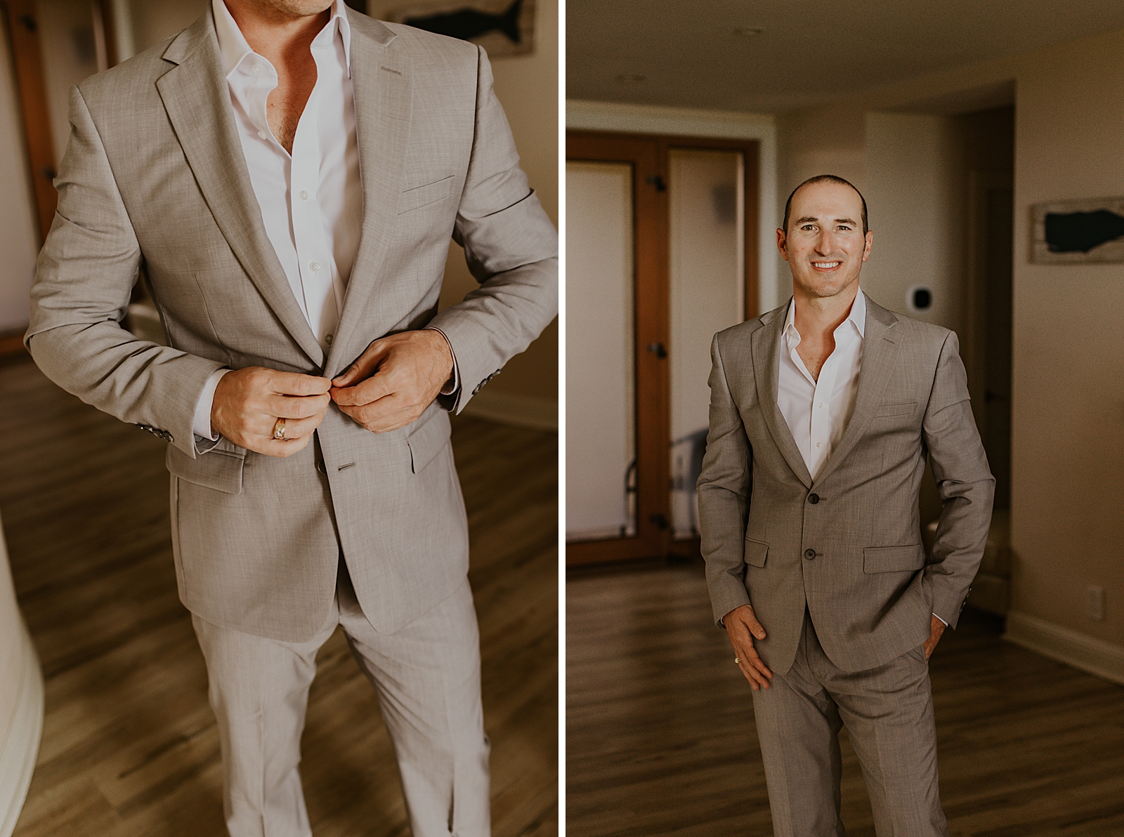 Groom buttoning up jacket and Getting Ready in hotel room