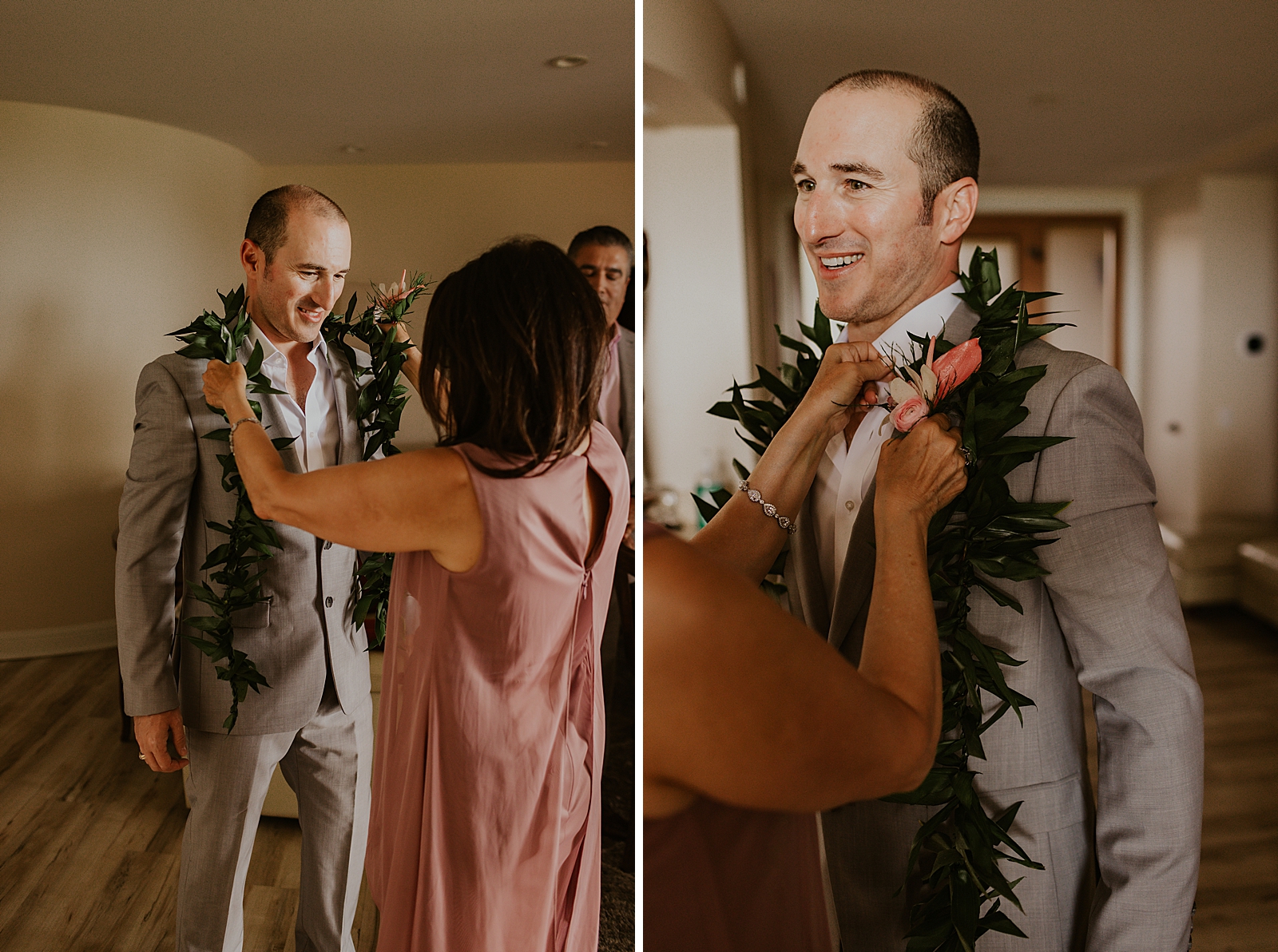 Mother putting lei on Groom Getting Ready in hotel room
