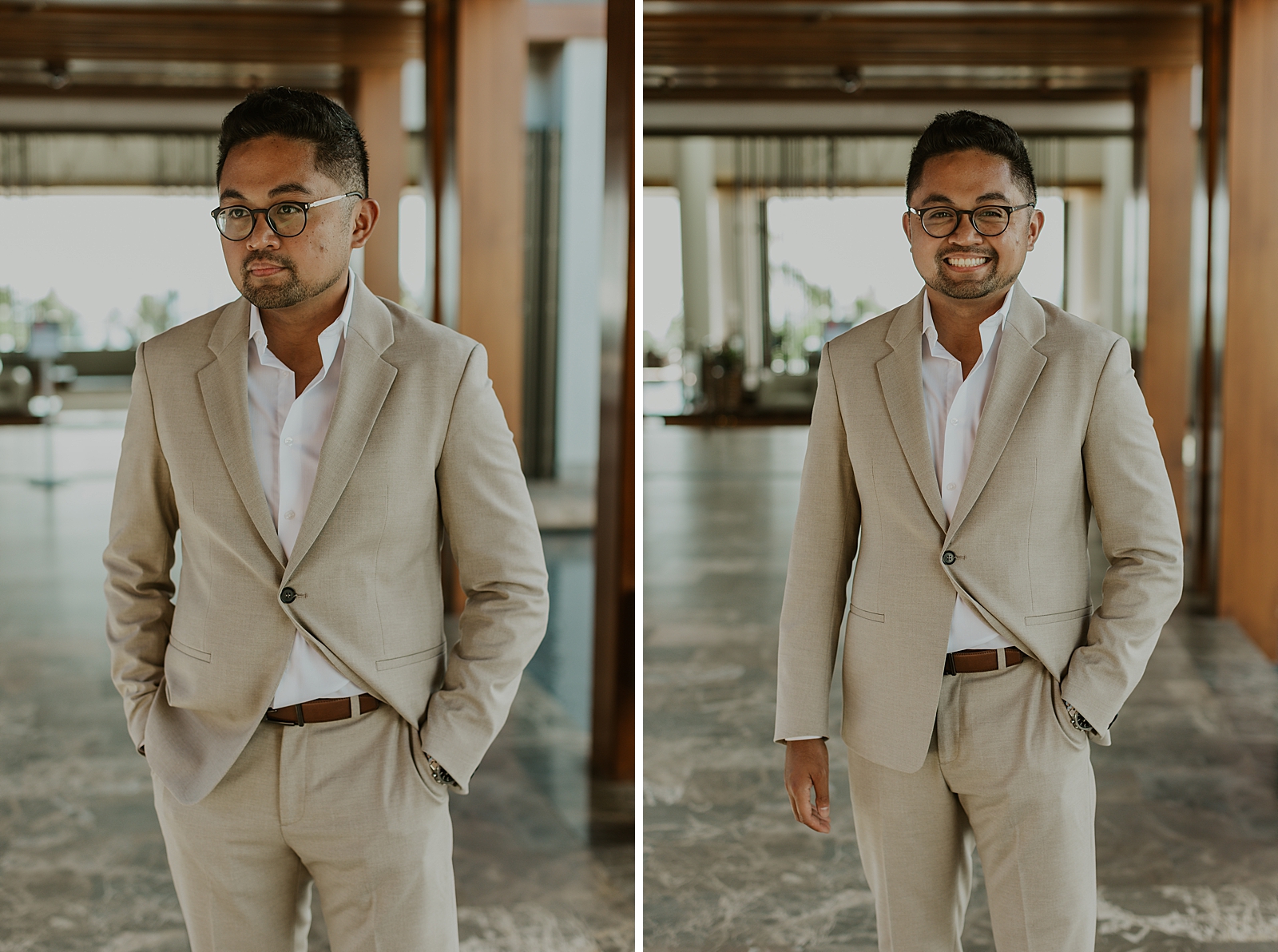 Portrait of Groom after Getting Ready in khaki suit