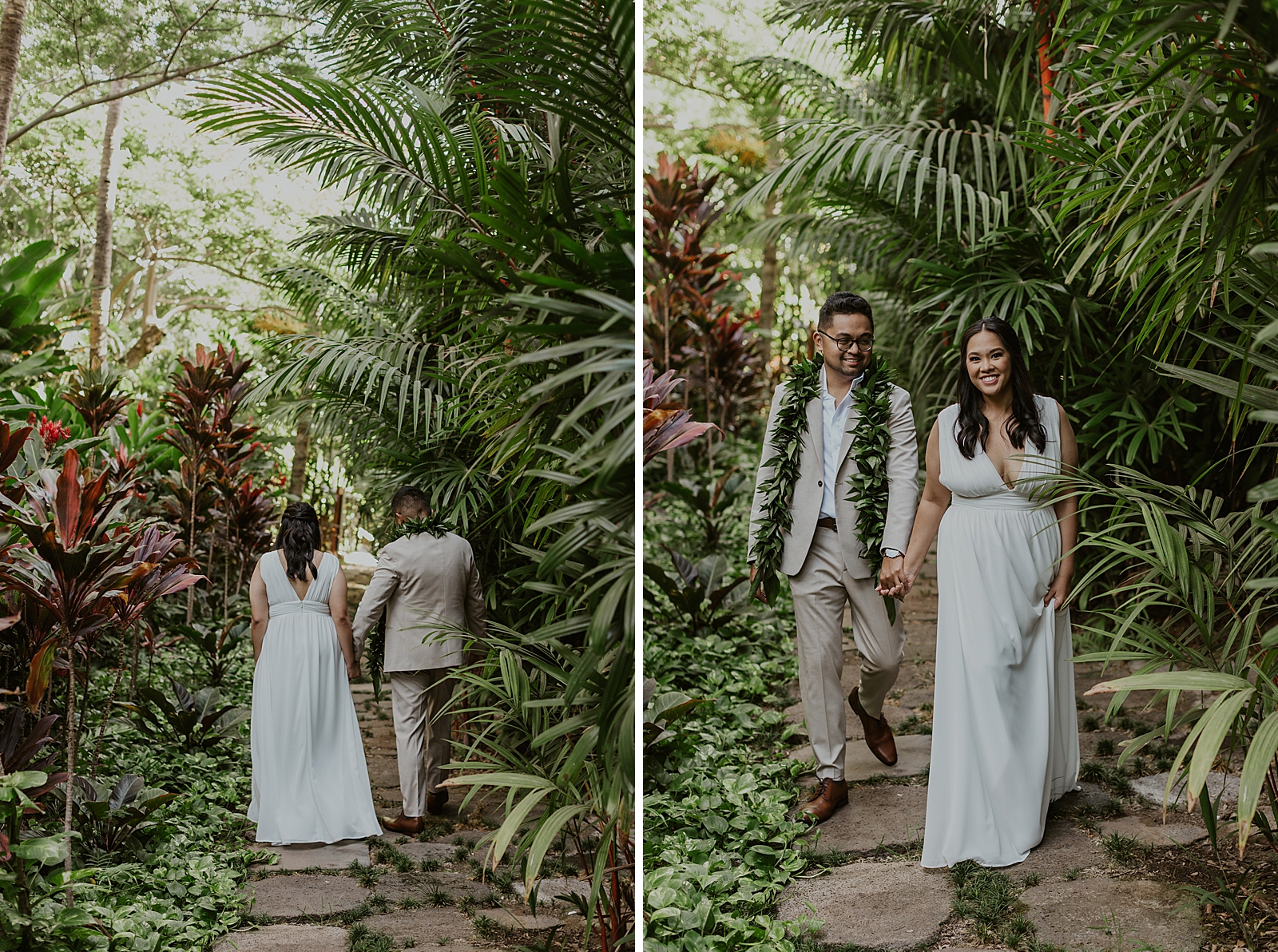 Bride and Groom holding hands and walking on cobblestones with tropical greenery around them