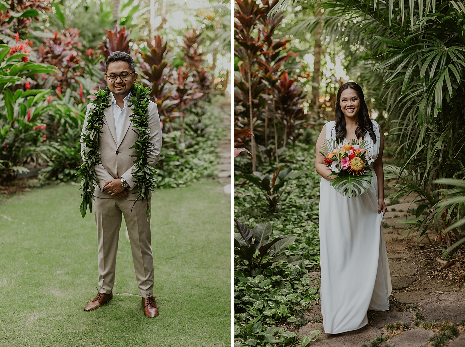 Individual portraits of Bride and Groom outside by the greenery