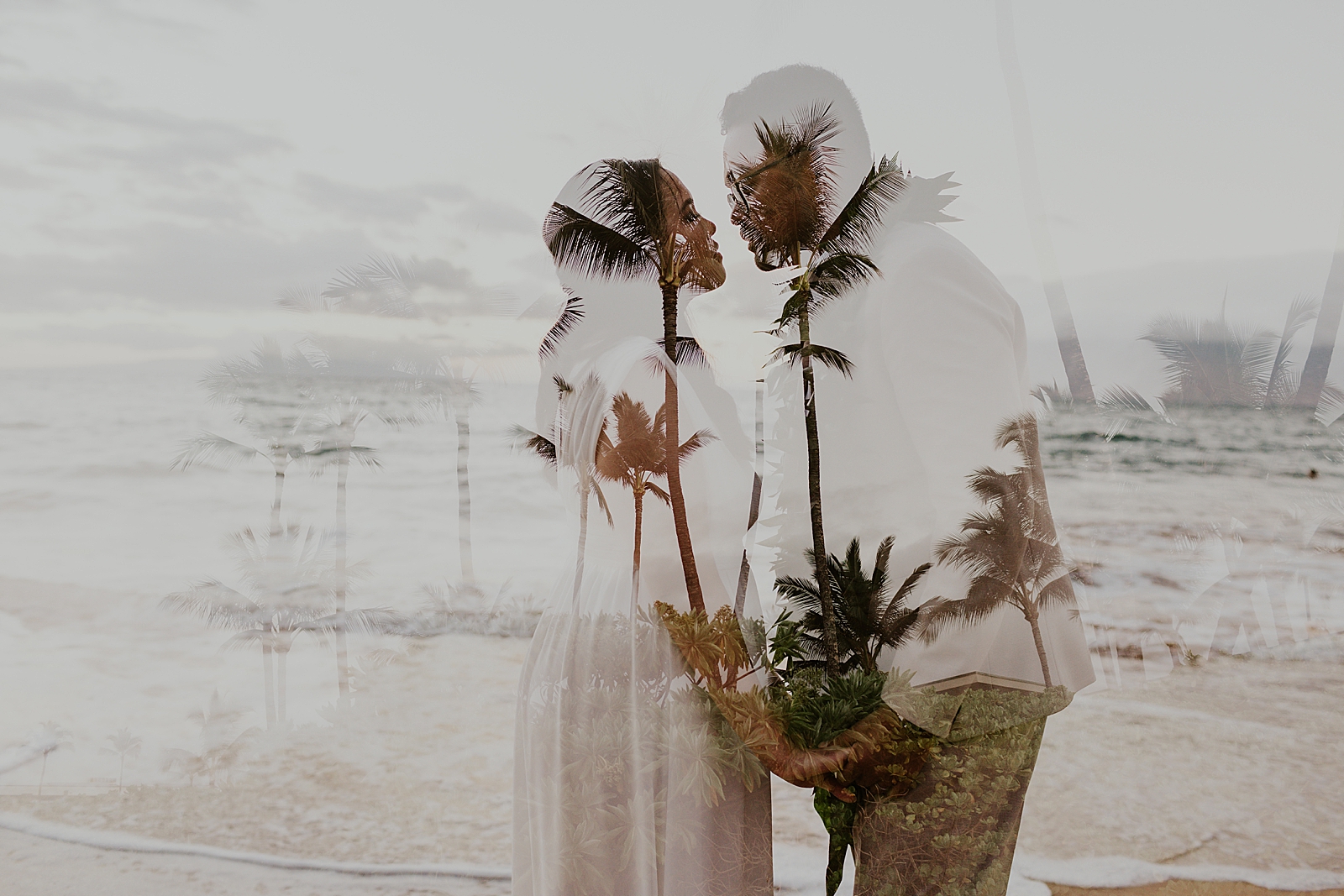 Bride and Groom holding hands and leaning in for a kiss overlayed on picture of palm trees