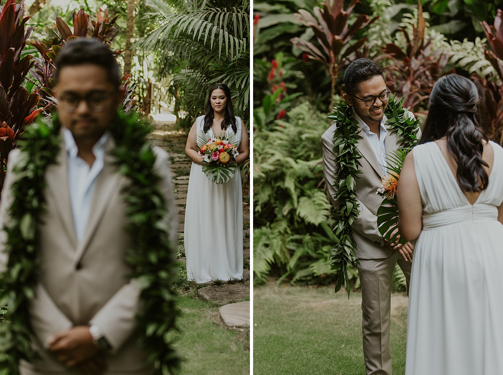 Bride approaching Groom surrounded by tropical greenery for First Look